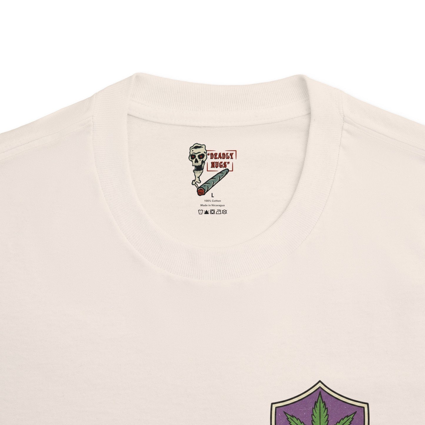 Pot Head Official / Purple Badge with Cannabis Leaf and Retro Joint Character Graphic Tee / Vintage Badge Retro Mascot Cartoon Art Stoner Noir Style / 420 Underground Stoner Culture / DEADLY NUGS