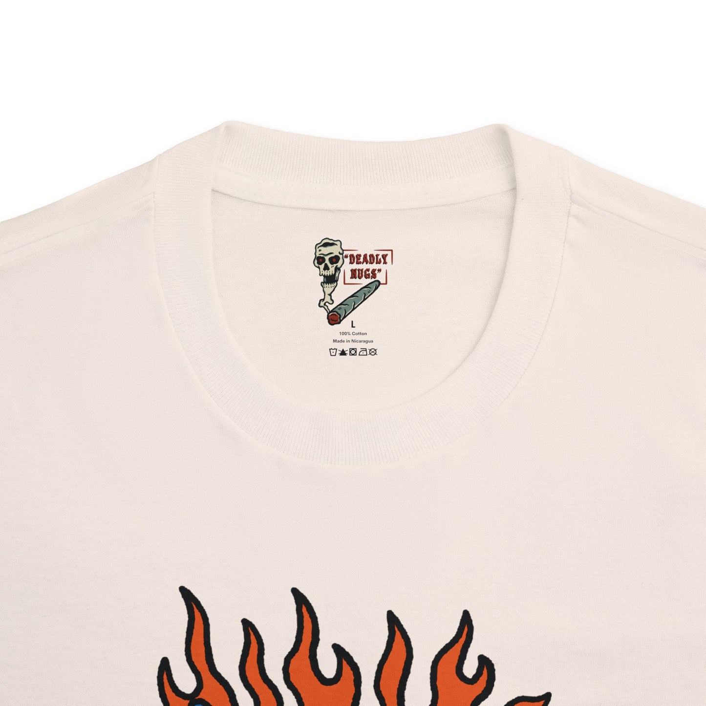 Far Out / Skull Hang Loose Shaka Gesture Flaming Hand Graphic Tee / Classic Cartooning Tatoo Art Style / 420 Underground Stoner Streetwear / DEADLY NUGS