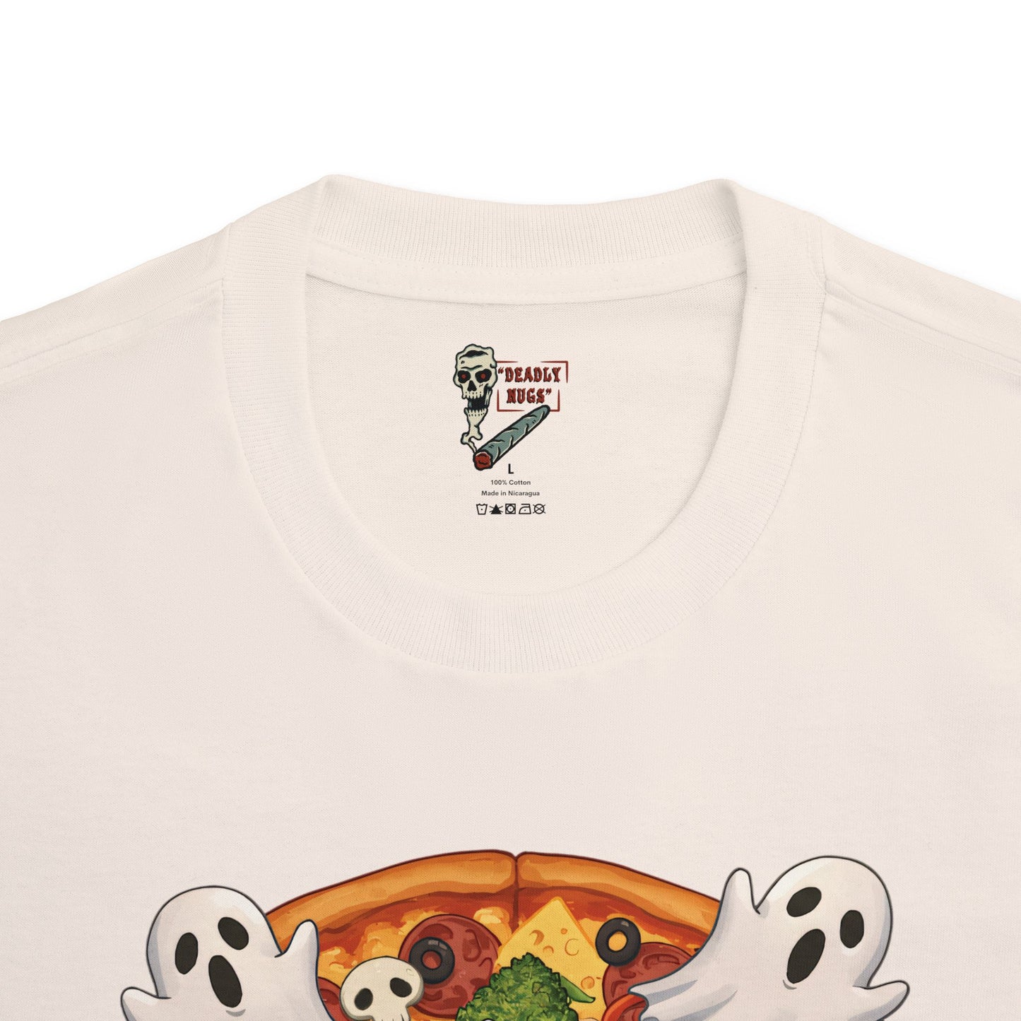 High Quality Ingredients / Pizza Bud Characters Ghosts Skulls Graphic Tee / Dark Humor Spooky Modern Cartoon Comic Art Style / 420 Underground Stoner Streetwear / DEADLY NUGS