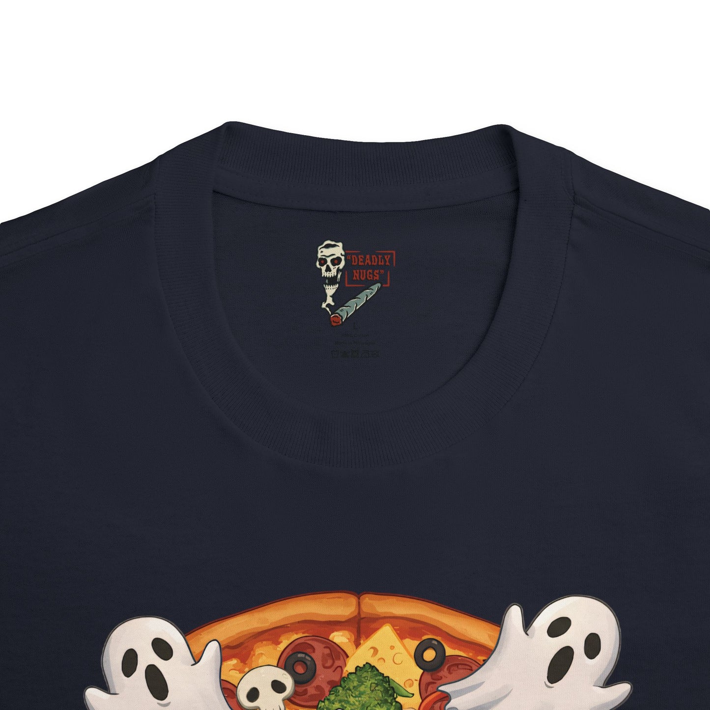 High Quality Ingredients / Pizza Bud Characters Ghosts Skulls Graphic Tee / Dark Humor Spooky Modern Cartoon Comic Art Style / 420 Underground Stoner Streetwear / DEADLY NUGS