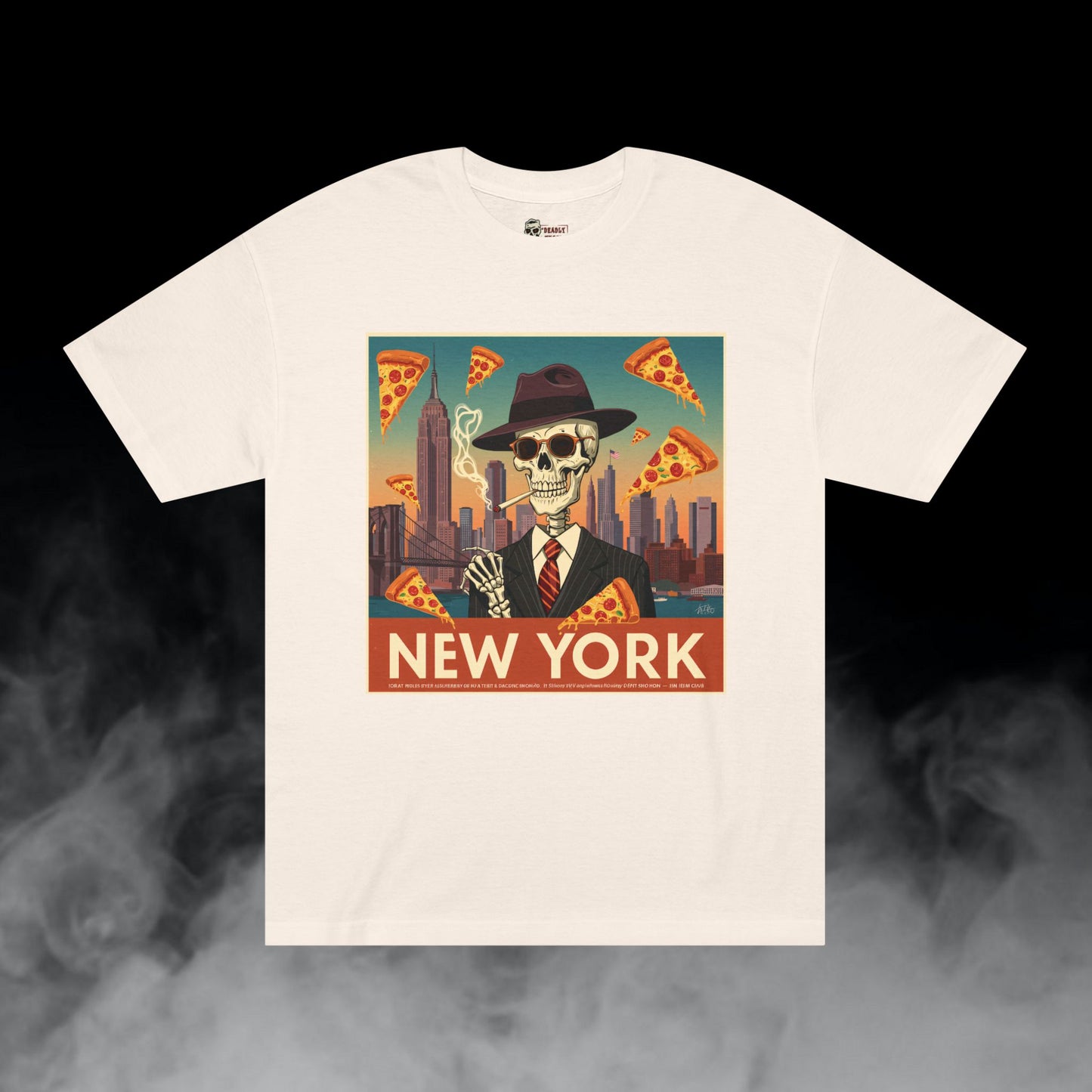 Pizza New York / City Skyline Skeleton Smoking Pizza Graphic Tee / Classic Vintage Travel Poster Art Style / 420 Underground Stoner Streetwear / DEADLY NUGS