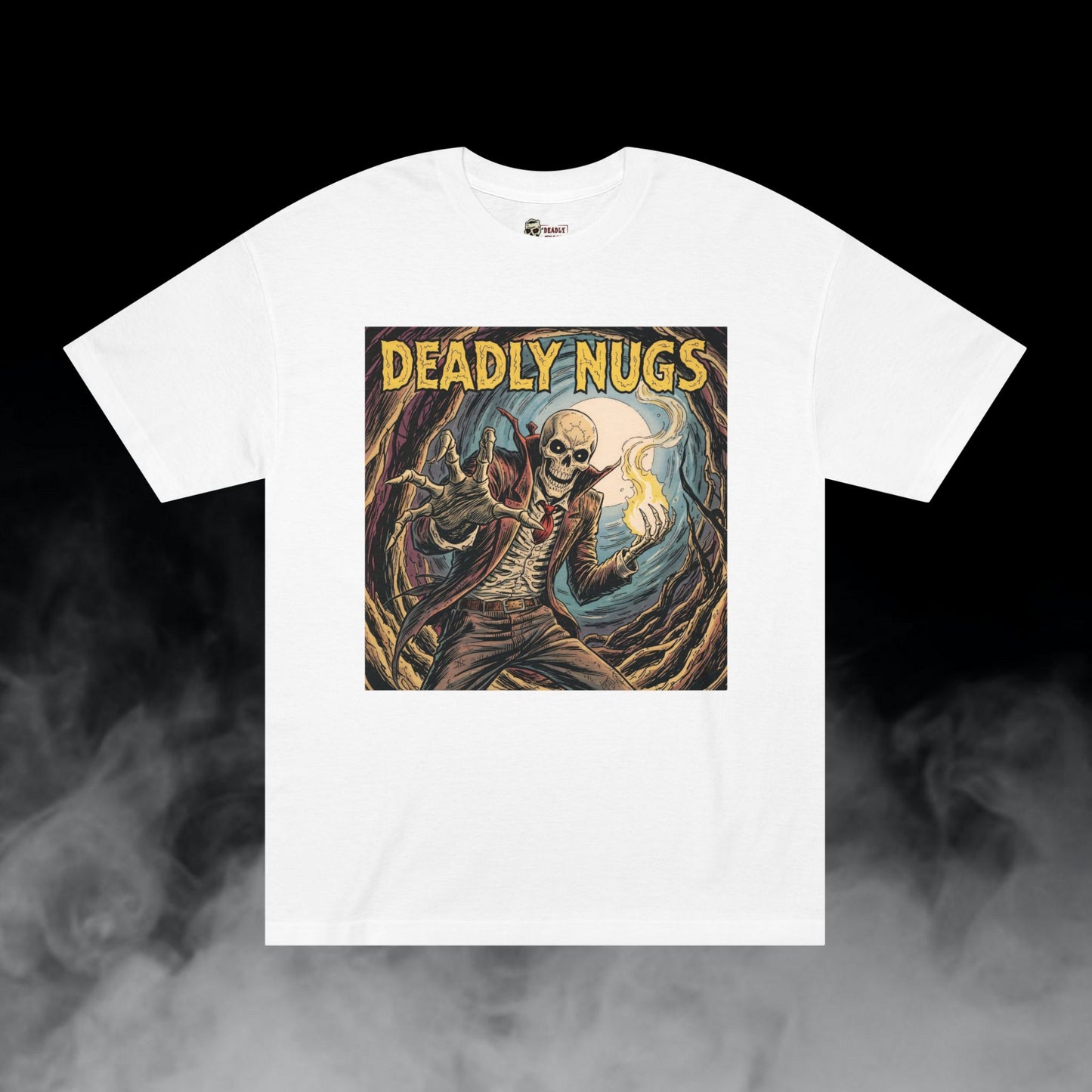 Bone Grove Flame / Skeleton Blazing Fire Graphic Tee / Vintage Pulp Horror Comic Style / 420 Underground Stoner Streetwear / DEADLY NUGS