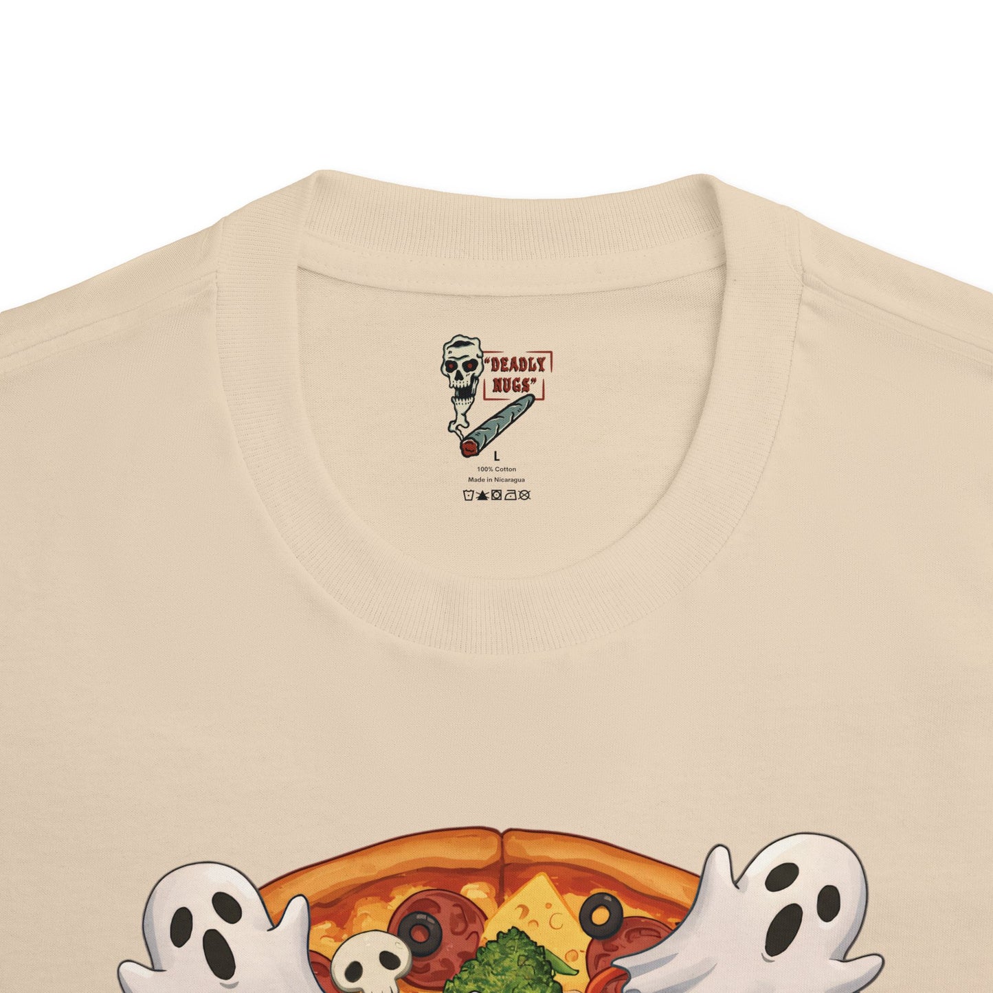 High Quality Ingredients / Pizza Bud Characters Ghosts Skulls Graphic Tee / Dark Humor Spooky Modern Cartoon Comic Art Style / 420 Underground Stoner Streetwear / DEADLY NUGS