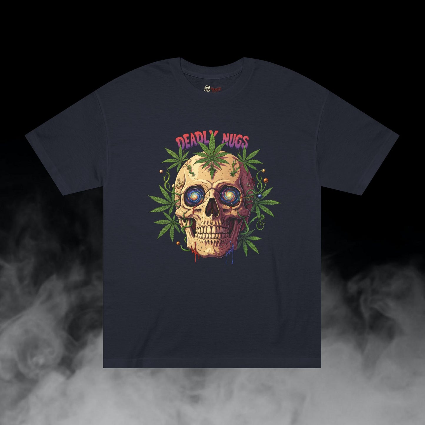 Galactic Gaze / Skull with Cannabis Leaves Graphic Tee / Psychedelic Skull Art Trippy / 420 Underground Stoner Streetwear / DEADLY NUGS