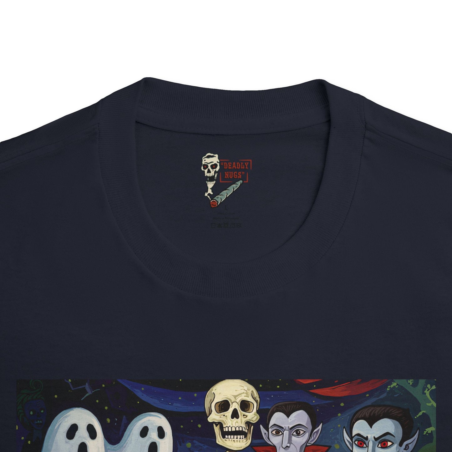 Culty-vation / Bud Characters Ghosts Skeleton Vampires Graphic Tee / Dark Humor Eerie Sinister Vintage Pop Art Comic Style / 420 Underground Stoner Streetwear / DEADLY NUGS