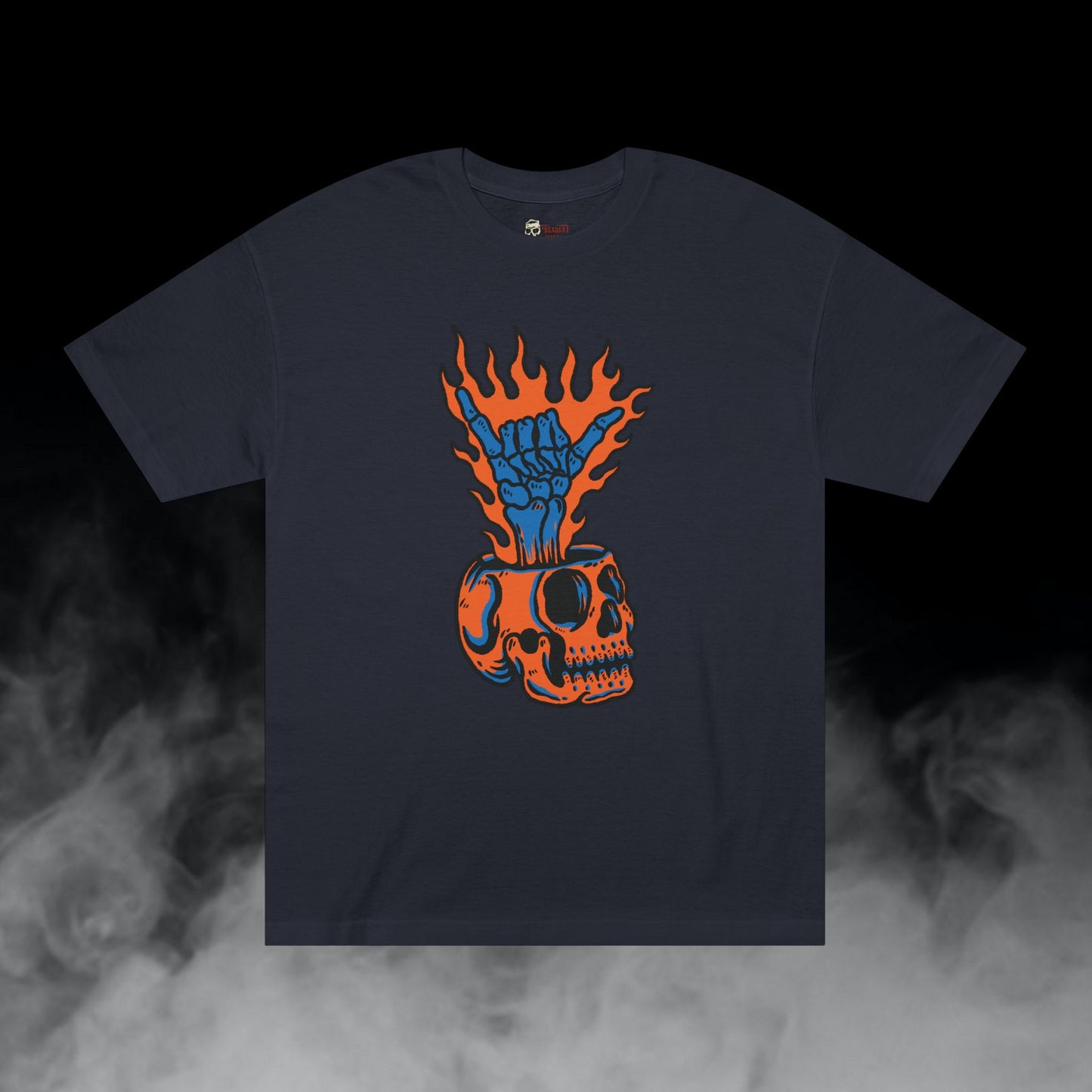Far Out / Skull Hang Loose Shaka Gesture Flaming Hand Graphic Tee / Classic Cartooning Tatoo Art Style / 420 Underground Stoner Streetwear / DEADLY NUGS