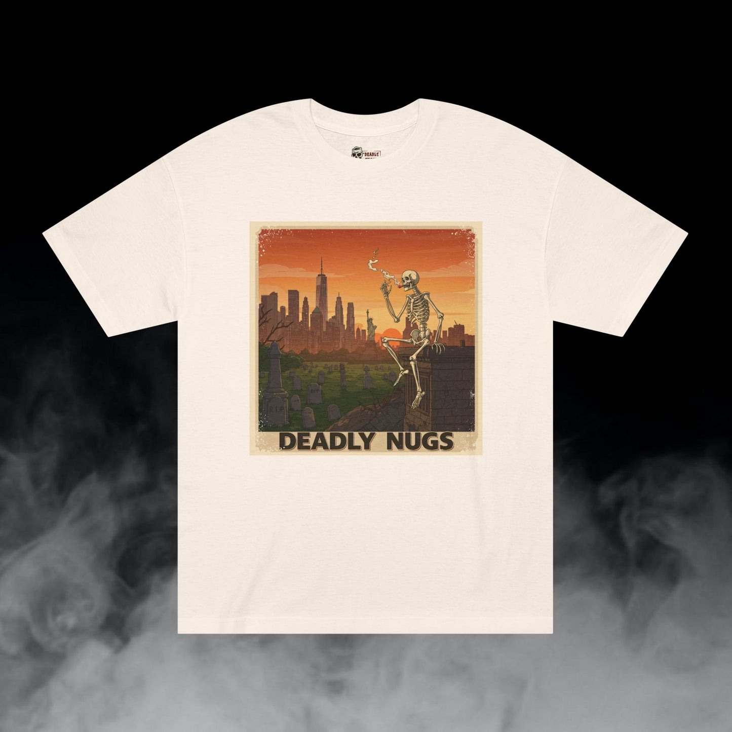 NY High / Skeleton Smoking New York Skyline Graphic Tee / Vintage Travel Poster Art Skyline Cityscape / 420 Underground Stoner Streetwear / DEADLY NUGS