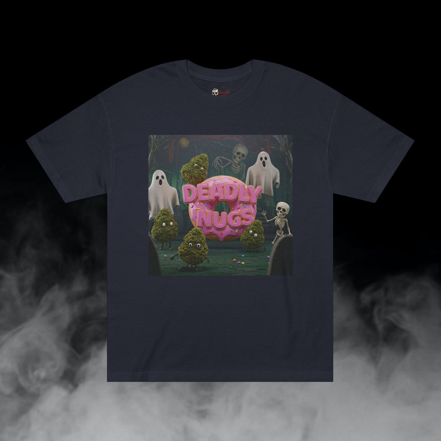 Late Night Donut / Bud Characters Ghosts Skeletons Munchies Graphic Tee / Dark Humor Spooky Toy Model Art Style / 420 Underground Stoner Streetwear / DEADLY NUGS