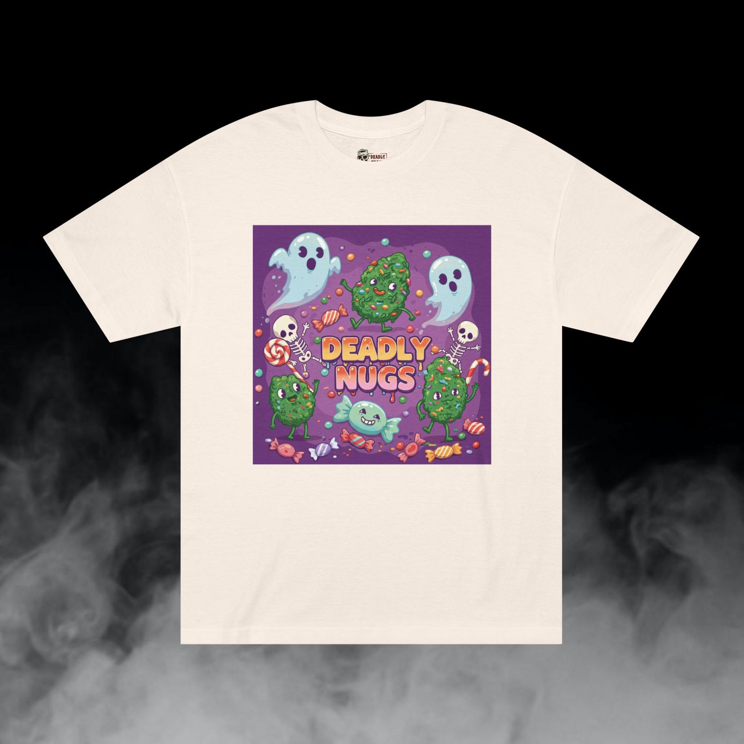 Rollin' with Treats / Bud Characters Ghost Skeletons Candy Munchies Graphic Tee / Dark Humor Spooky Bubble Cartoon Comic Art Style / 420 Underground Stoner Streetwear / DEADLY NUGS
