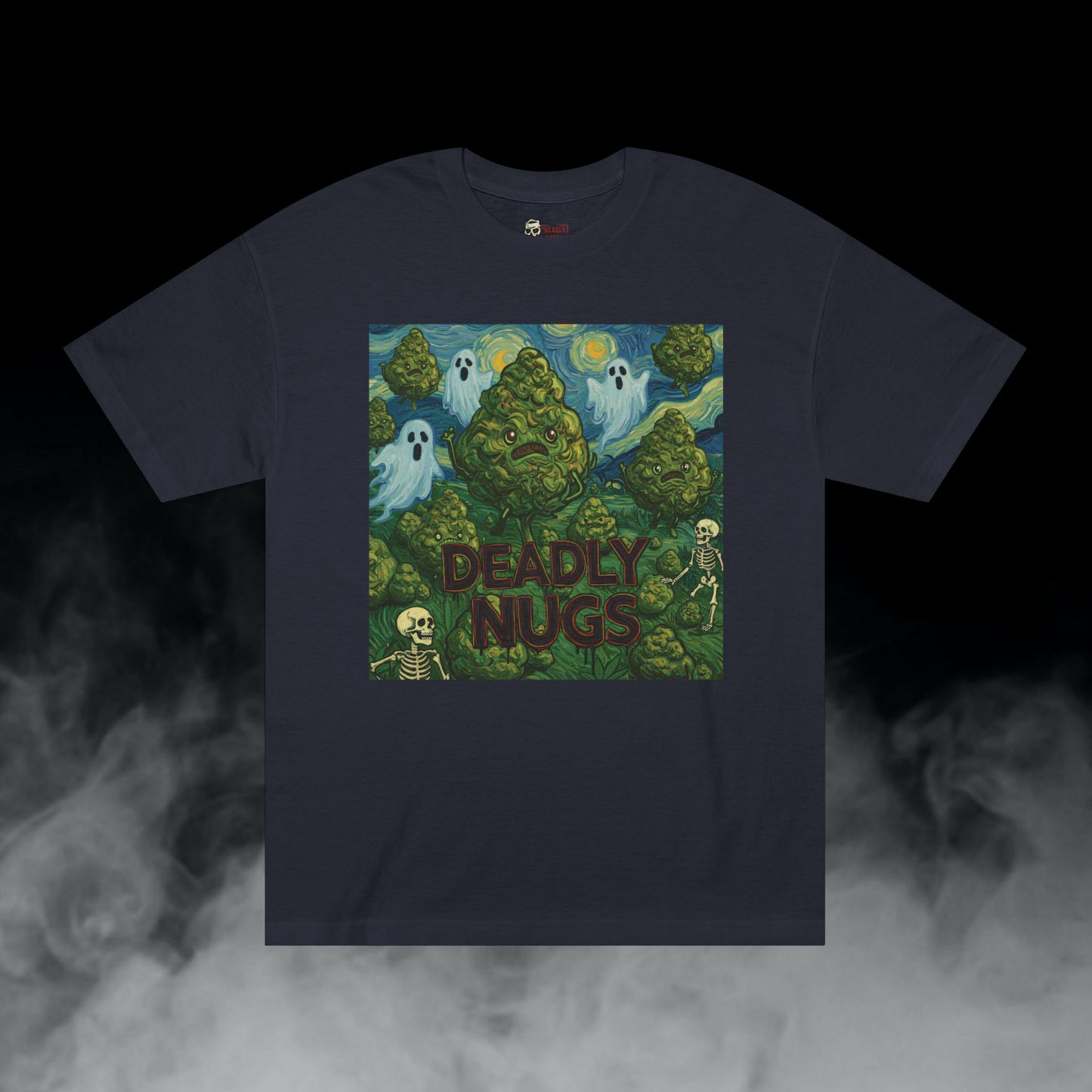 Astral Awakening / Bud Characters Ghosts Skeletons Graphic Tee / Dark Humor Eerie Vintage Van Gogh Art Comic Style / 420 Underground Stoner Streetwear / DEADLY NUGS