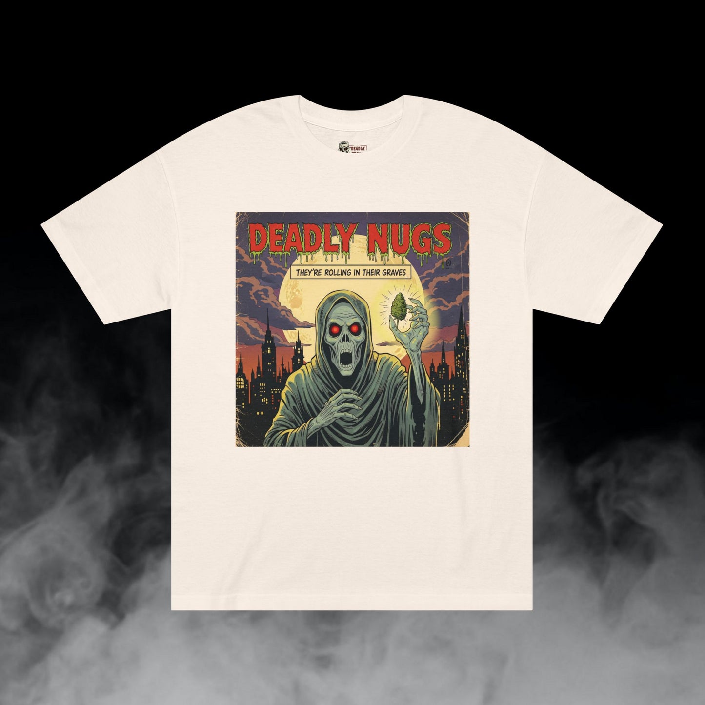 Rolling in Their Graves / Hooded Reaper Cannabis Bud Graphic Tee / Vintage Pulp Horror Comic Style / 420 Underground Stoner Streetwear / DEADLY NUGS