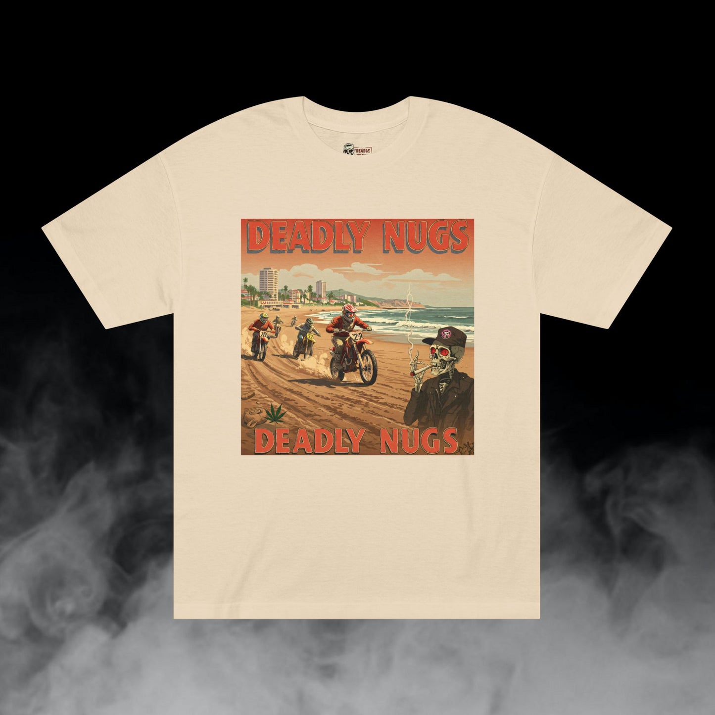 Moto Beach / Biker Dirt Bike Motorcycle Skeleton Graphic Tee / Gritty Vintage Travel Poster Art Style / 420 Underground Stoner Streetwear / DEADLY NUGS
