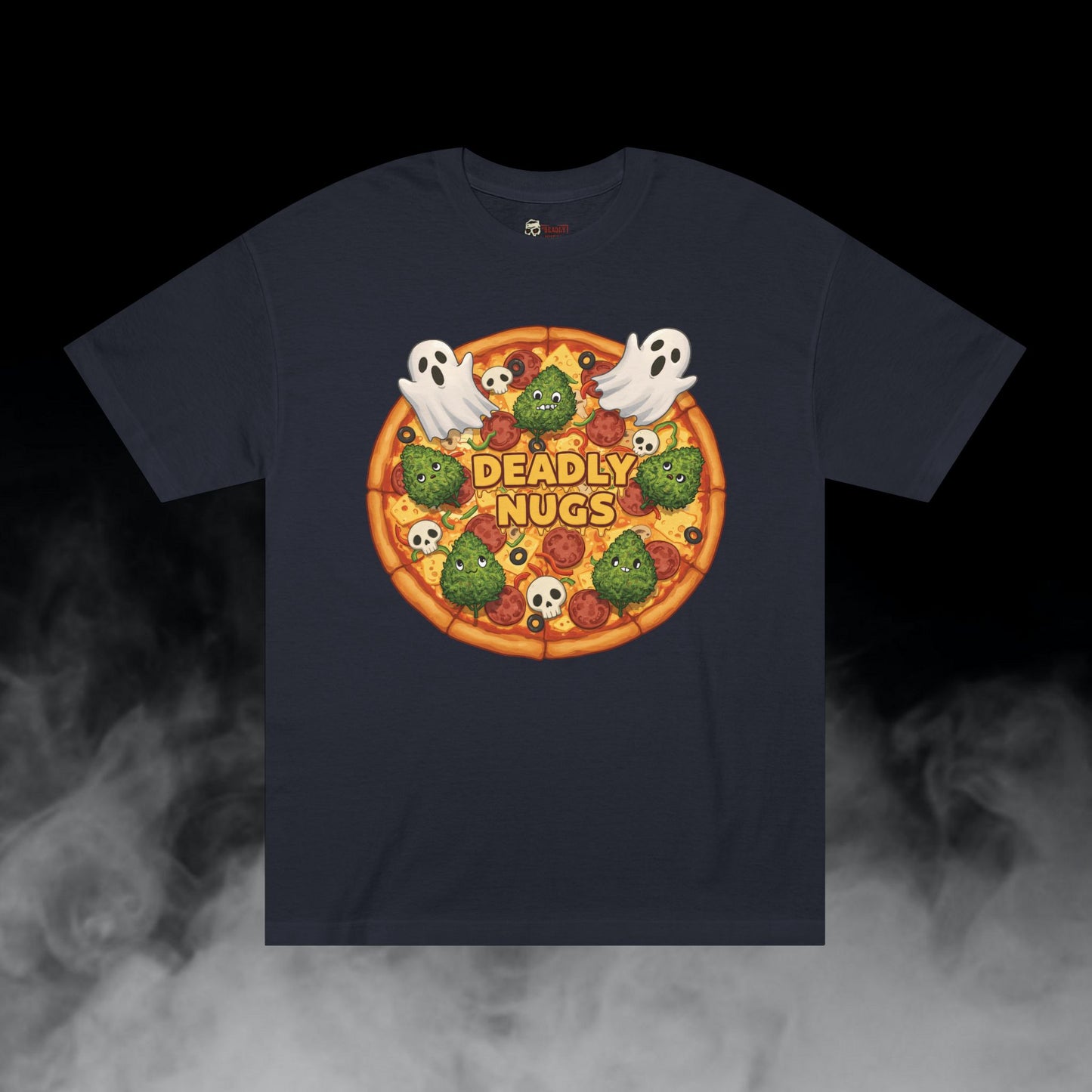 High Quality Ingredients / Pizza Bud Characters Ghosts Skulls Graphic Tee / Dark Humor Spooky Modern Cartoon Comic Art Style / 420 Underground Stoner Streetwear / DEADLY NUGS