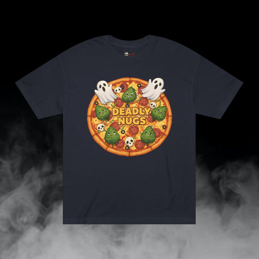 High Quality Ingredients / Pizza Bud Characters Ghosts Skulls Graphic Tee / Dark Humor Spooky Modern Cartoon Comic Art Style / 420 Underground Stoner Streetwear / DEADLY NUGS