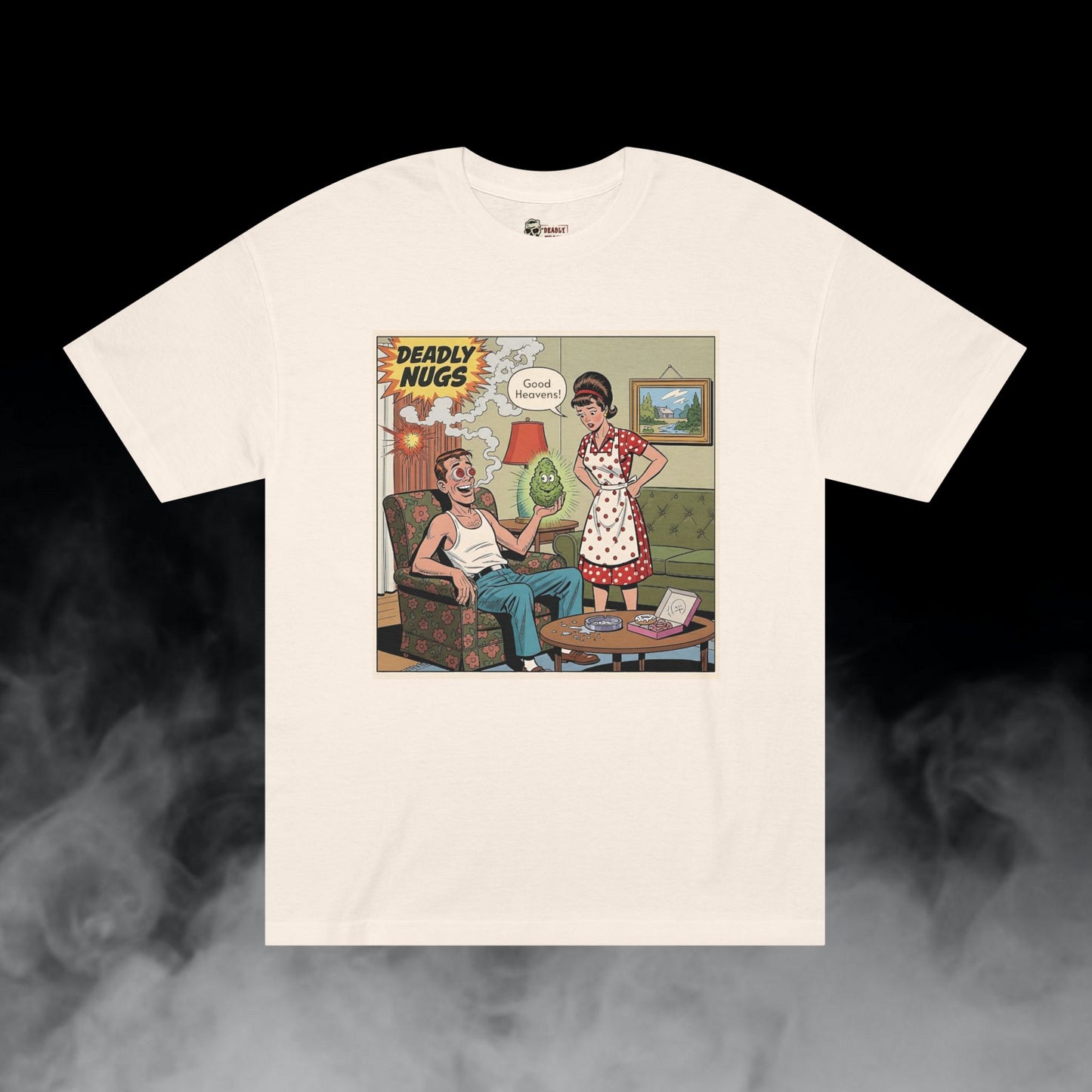 Good Heavens! / Suburban Husband and Wife Overwhelmed by Cannabis Experience Graphic Tee / Vintage Humor Comic Art Style / 420 Underground Stoner Culture / DEADLY NUGS