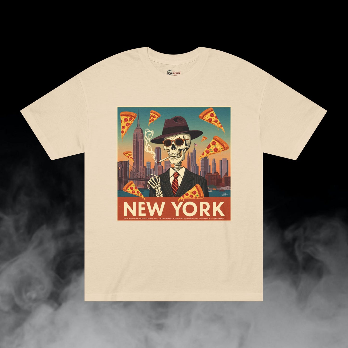 Pizza New York / City Skyline Skeleton Smoking Pizza Graphic Tee / Classic Vintage Travel Poster Art Style / 420 Underground Stoner Streetwear / DEADLY NUGS