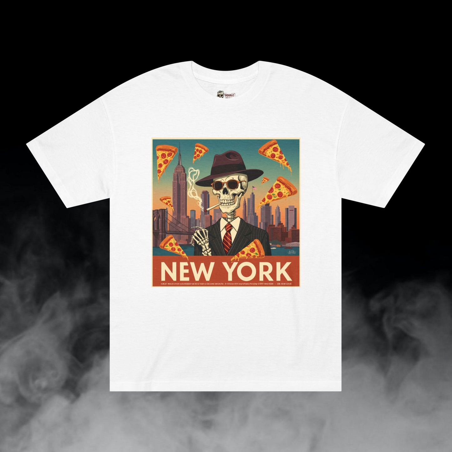 Pizza New York / City Skyline Skeleton Smoking Pizza Graphic Tee / Classic Vintage Travel Poster Art Style / 420 Underground Stoner Streetwear / DEADLY NUGS