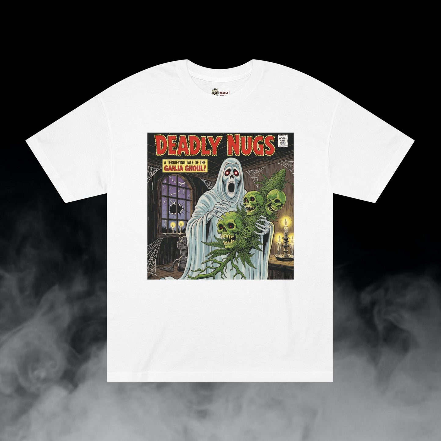 Ganja Ghoul / Hooded Reaper Skull Cannabis Cola Graphic Tee / Vintage Pulp Horror Comic Style / 420 Underground Stoner Streetwear / DEADLY NUGS