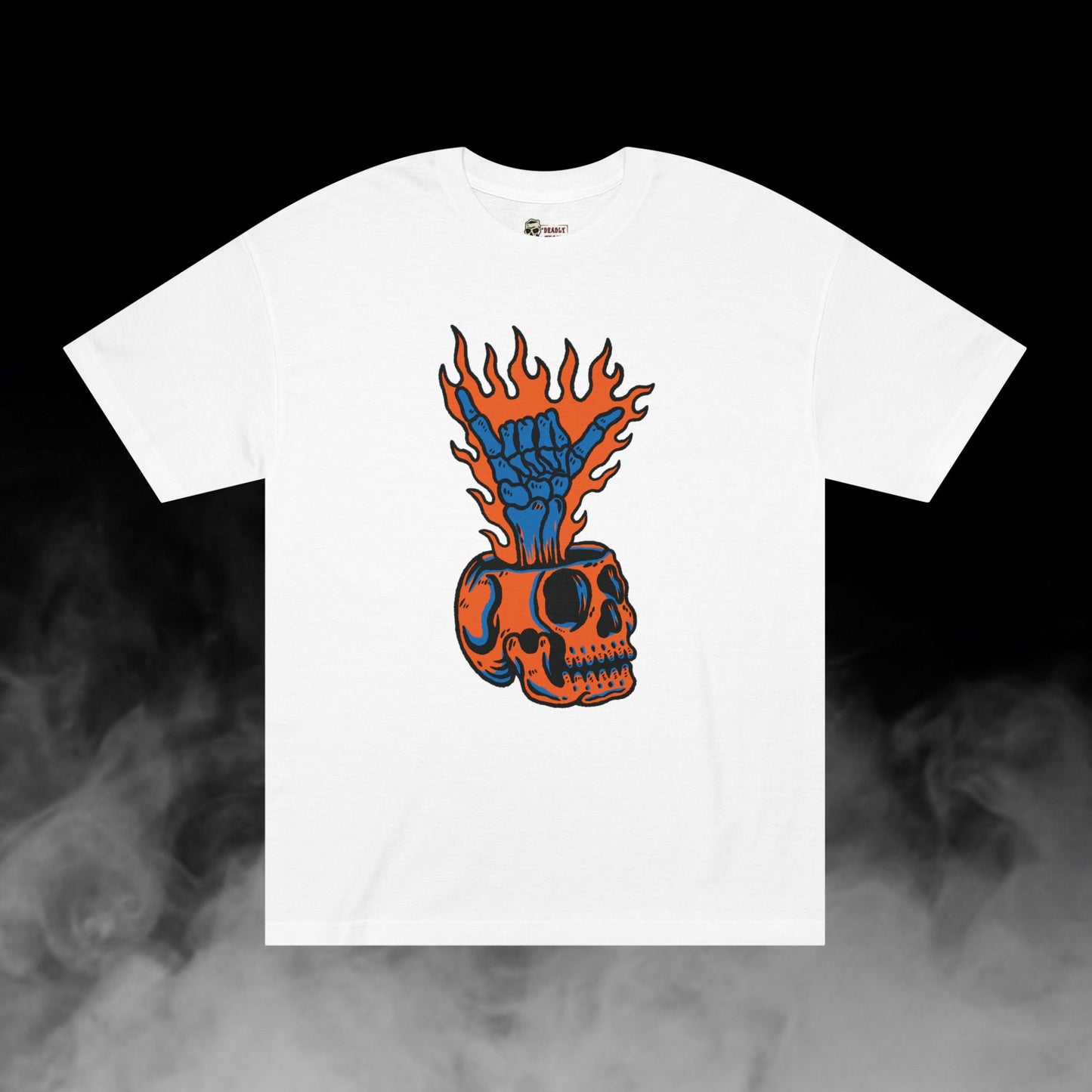 Far Out / Skull Hang Loose Shaka Gesture Flaming Hand Graphic Tee / Classic Cartooning Tatoo Art Style / 420 Underground Stoner Streetwear / DEADLY NUGS