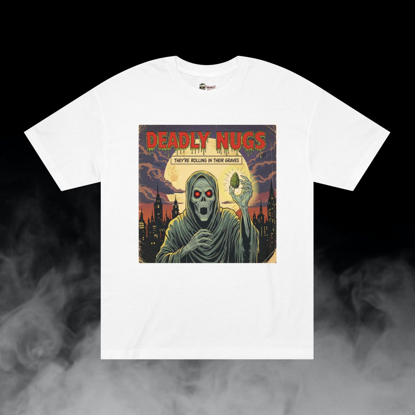 Rolling in Their Graves / Hooded Reaper Cannabis Bud Graphic Tee / Vintage Pulp Horror Comic Style / 420 Underground Stoner Streetwear / DEADLY NUGS