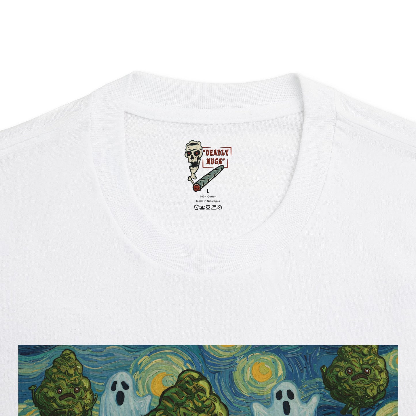 Astral Awakening / Bud Characters Ghosts Skeletons Graphic Tee / Dark Humor Eerie Vintage Van Gogh Art Comic Style / 420 Underground Stoner Streetwear / DEADLY NUGS