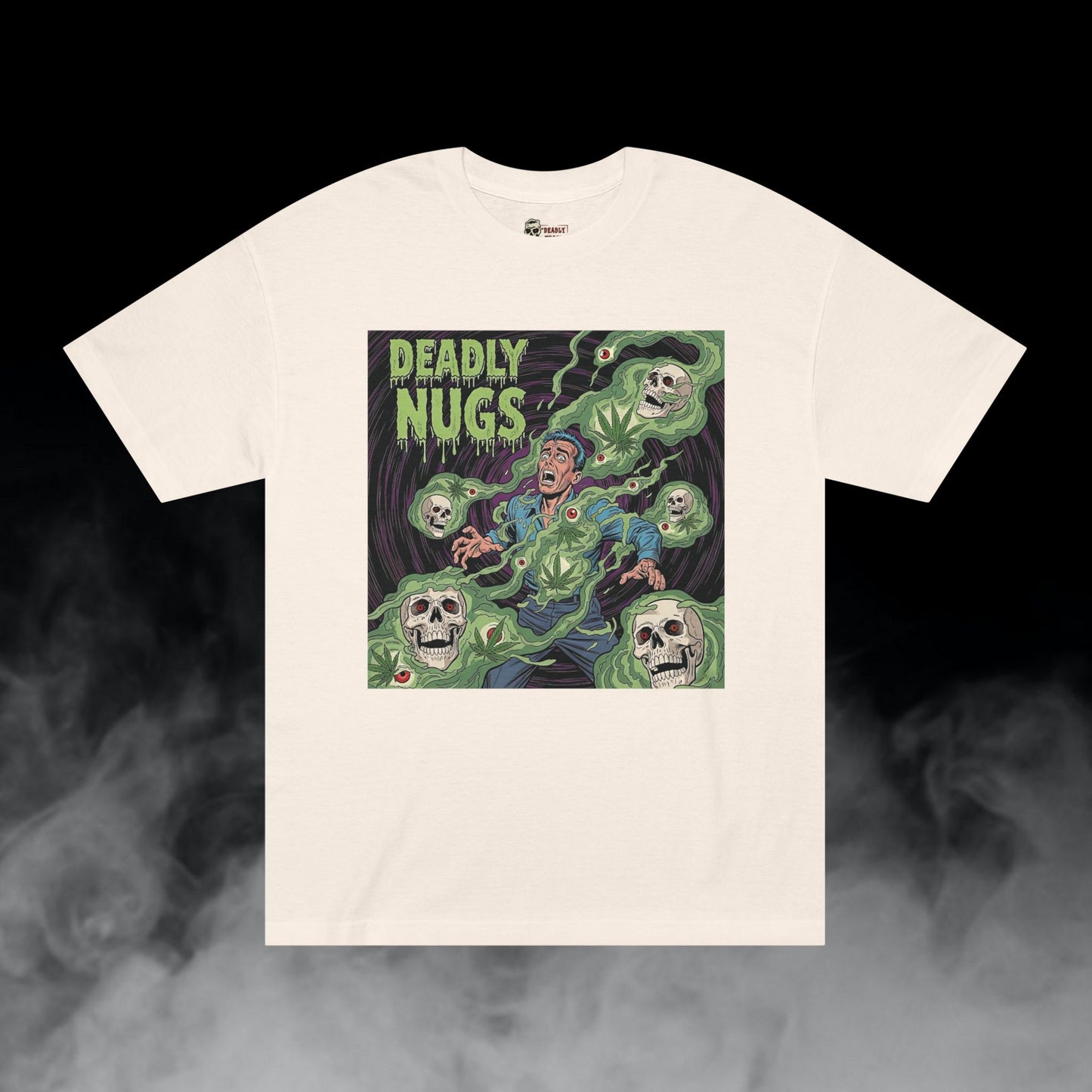 Weed & Wither / Panicked Man Surrounded by Swirling Cannabis Smoke & Skulls Graphic Tee / Vintage Horror Comic Art Style / 420 Underground Stoner Culture / DEADLY NUGS
