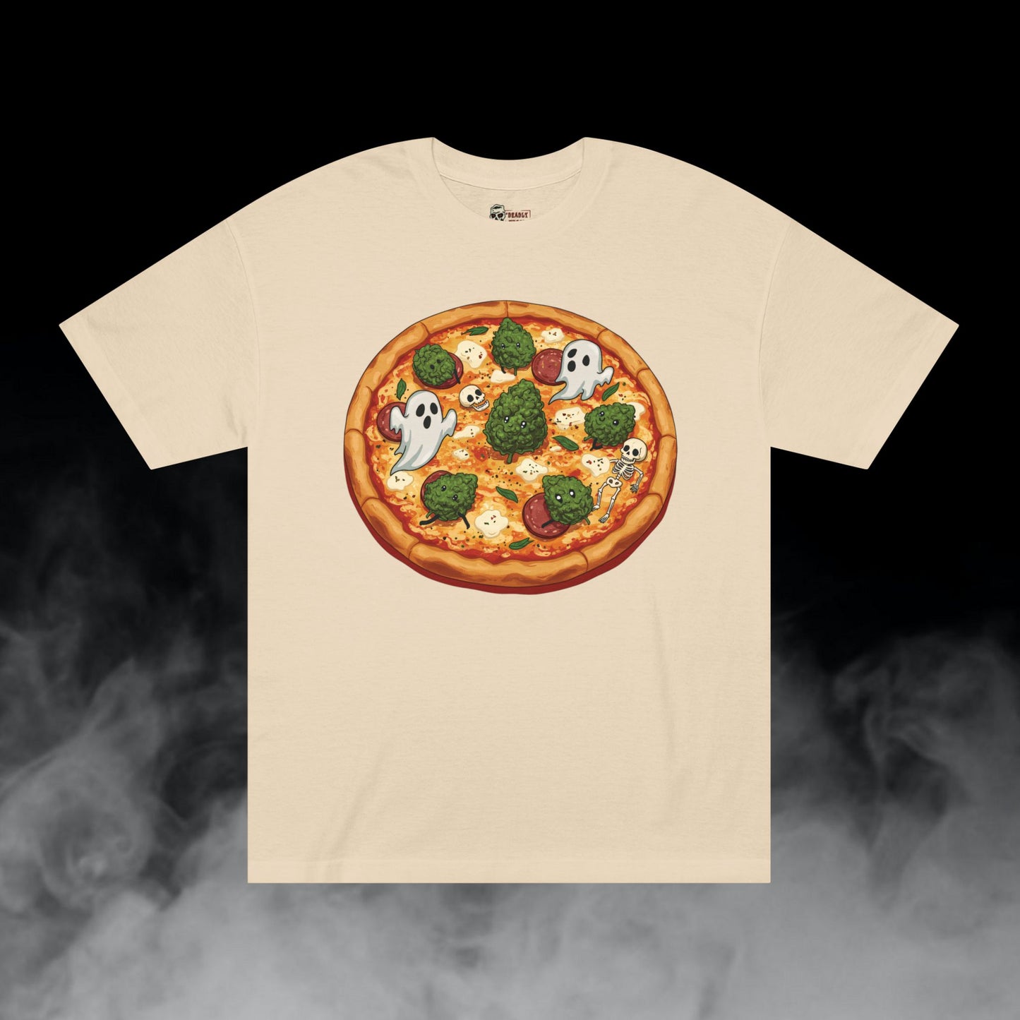 Pizza Pie! / Pizza Bud Characters Ghosts Skulls Graphic Tee / Dark Humor Spooky Modern Cartoon Comic Art Style / 420 Underground Stoner Streetwear / DEADLY NUGS