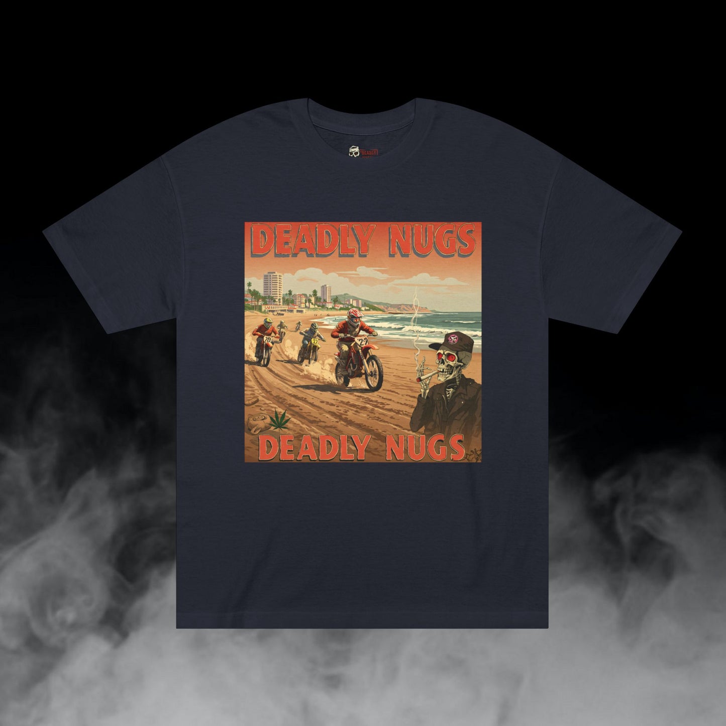 Moto Beach / Biker Dirt Bike Motorcycle Skeleton Graphic Tee / Gritty Vintage Travel Poster Art Style / 420 Underground Stoner Streetwear / DEADLY NUGS