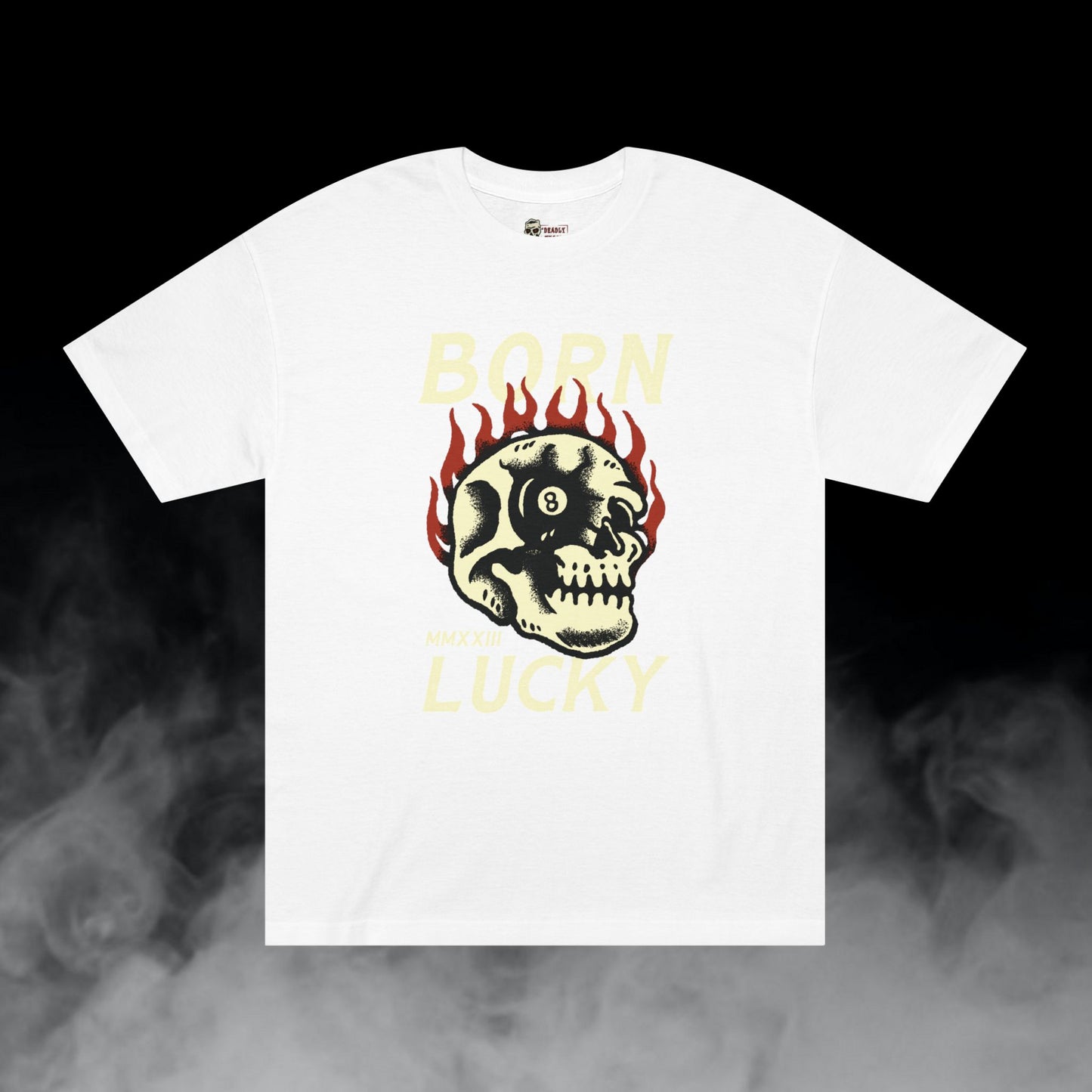 Born Lucky / Flaming Skull Eight Ball Eye Graphic Tee / Classic Cartooning Tatoo Art Style / 420 Underground Stoner Streetwear / DEADLY NUGS