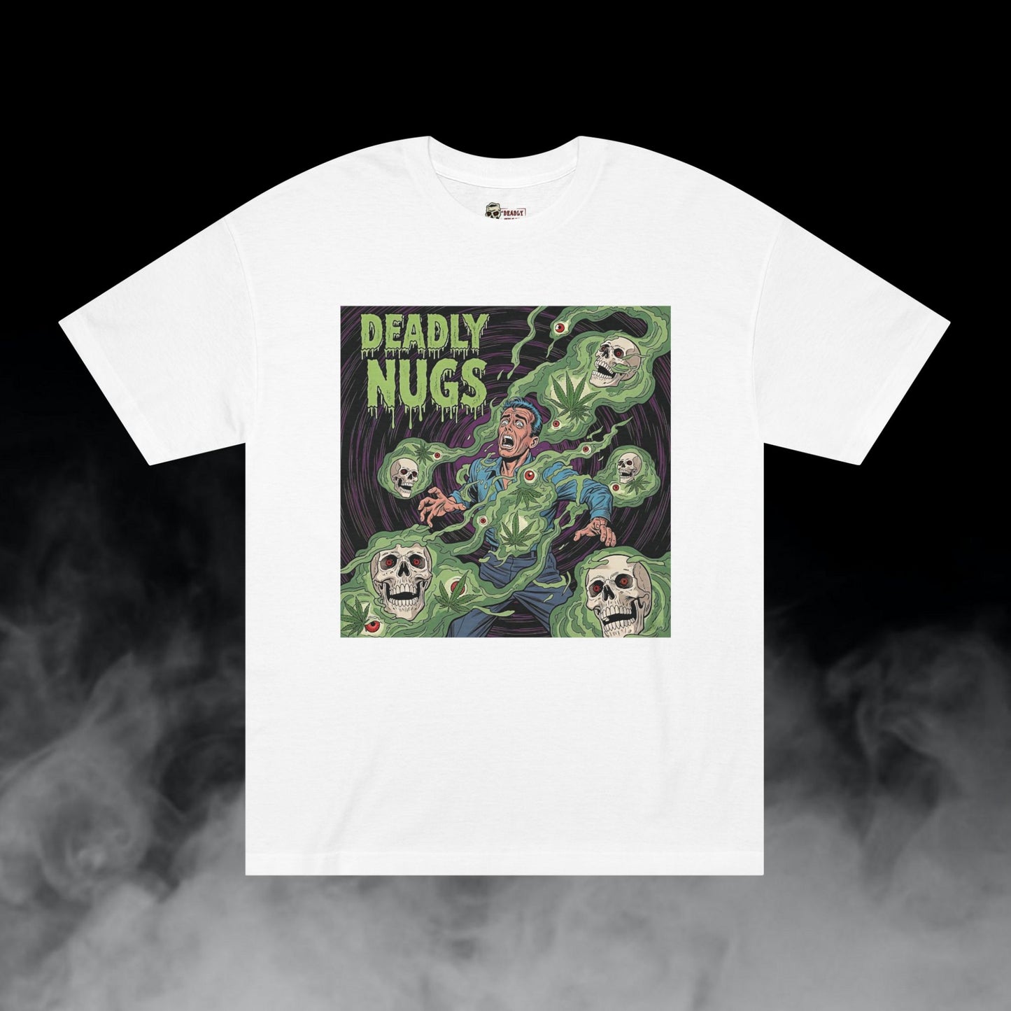 Weed & Wither / Panicked Man Surrounded by Swirling Cannabis Smoke & Skulls Graphic Tee / Vintage Horror Comic Art Style / 420 Underground Stoner Culture / DEADLY NUGS