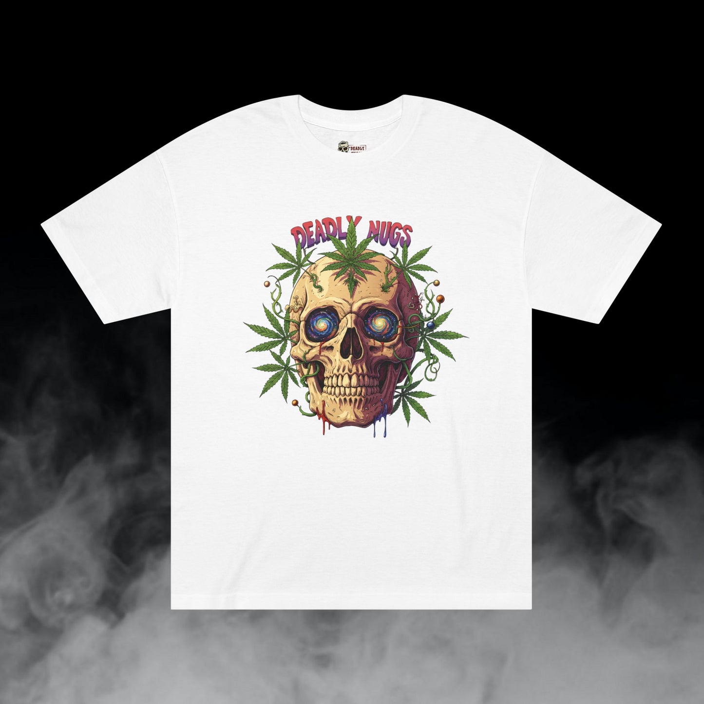 Galactic Gaze / Skull with Cannabis Leaves Graphic Tee / Psychedelic Skull Art Trippy / 420 Underground Stoner Streetwear / DEADLY NUGS