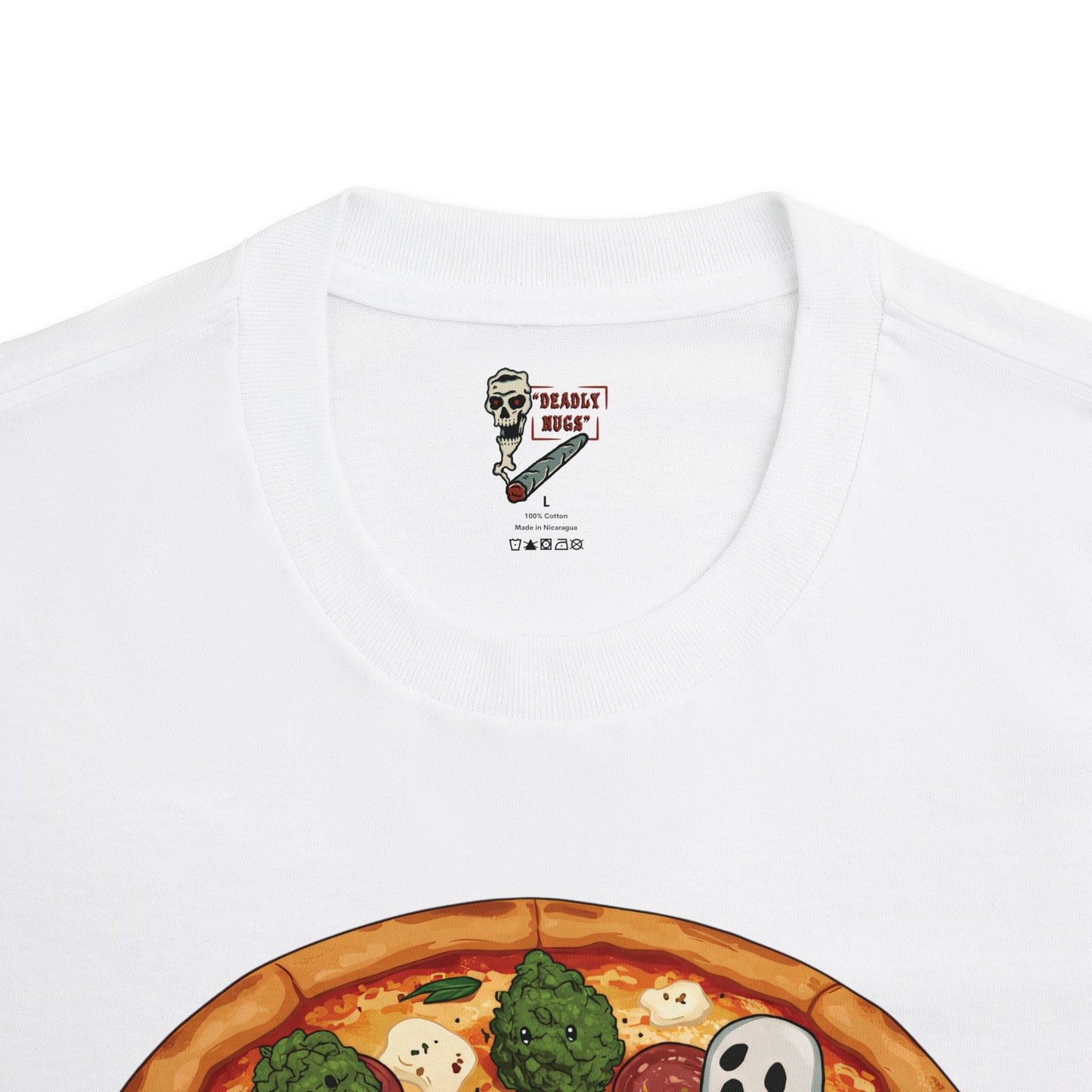 Pizza Pie! / Pizza Bud Characters Ghosts Skulls Graphic Tee / Dark Humor Spooky Modern Cartoon Comic Art Style / 420 Underground Stoner Streetwear / DEADLY NUGS