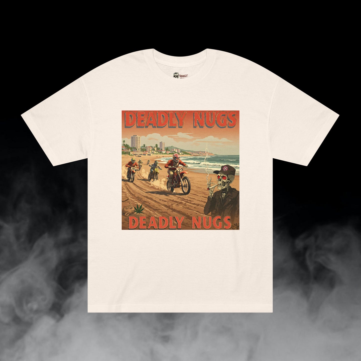 Moto Beach / Biker Dirt Bike Motorcycle Skeleton Graphic Tee / Gritty Vintage Travel Poster Art Style / 420 Underground Stoner Streetwear / DEADLY NUGS