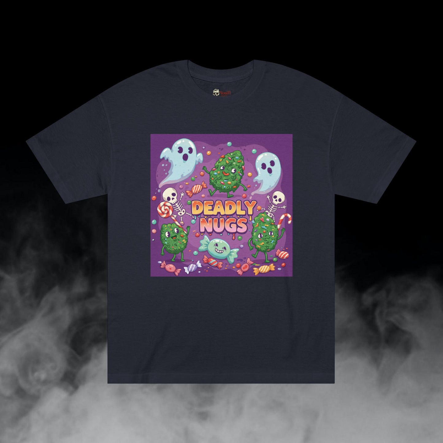 Rollin' with Treats / Bud Characters Ghost Skeletons Candy Munchies Graphic Tee / Dark Humor Spooky Bubble Cartoon Comic Art Style / 420 Underground Stoner Streetwear / DEADLY NUGS