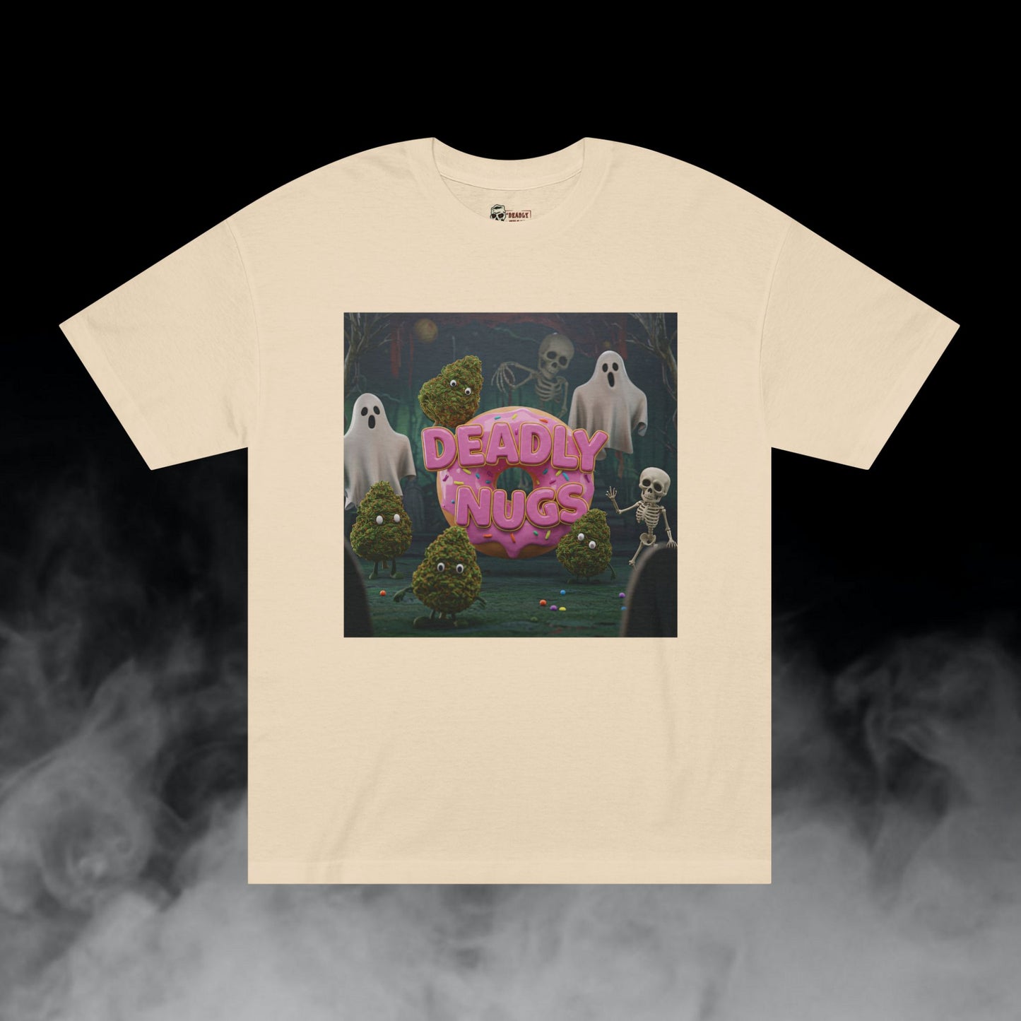 Late Night Donut / Bud Characters Ghosts Skeletons Munchies Graphic Tee / Dark Humor Spooky Toy Model Art Style / 420 Underground Stoner Streetwear / DEADLY NUGS