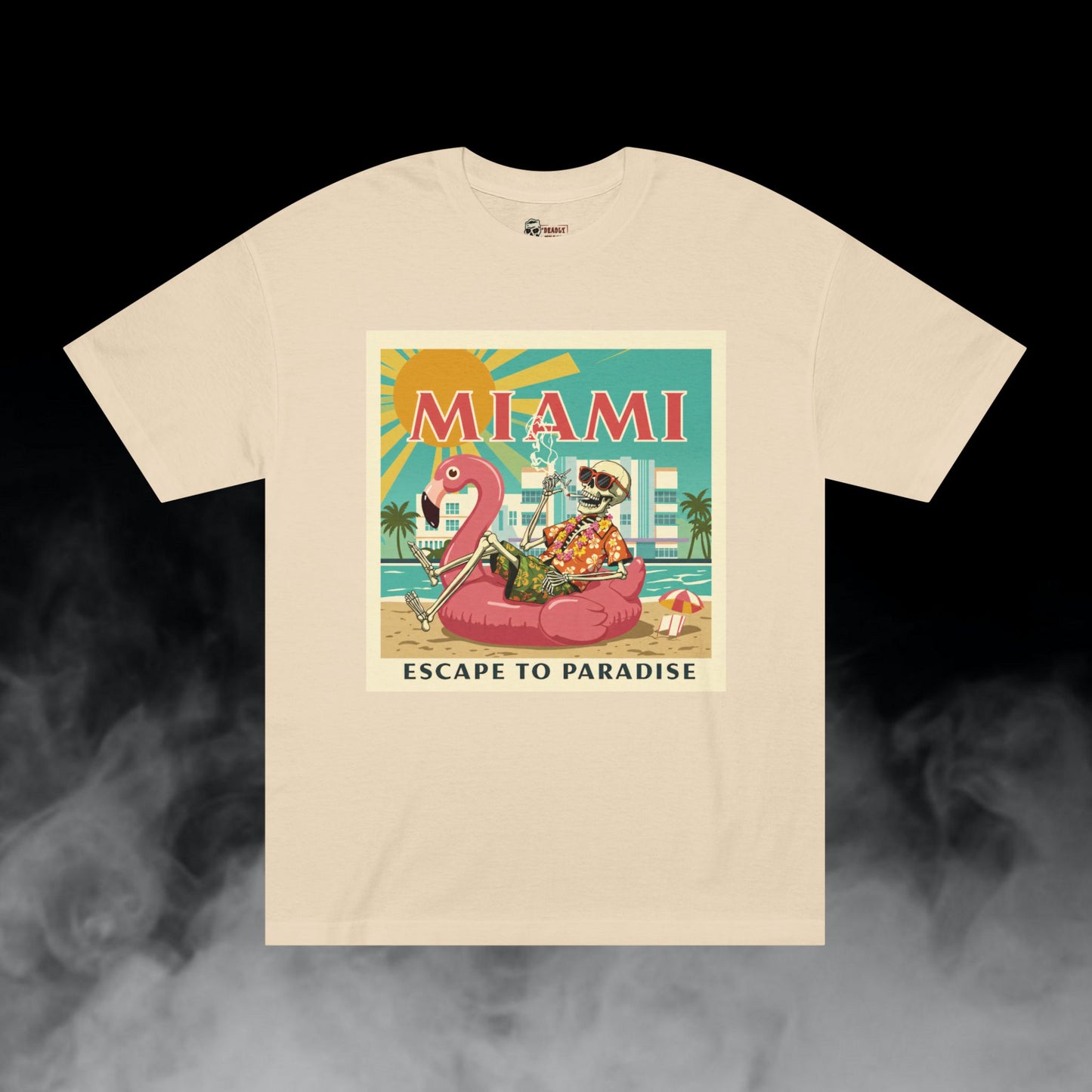Miami Escape to Paradise / Skeleton Smoking Flamingo Blowup Graphic Tee / Beach Travel Poster Art Style / 420 Underground Stoner Streetwear / DEADLY NUGS