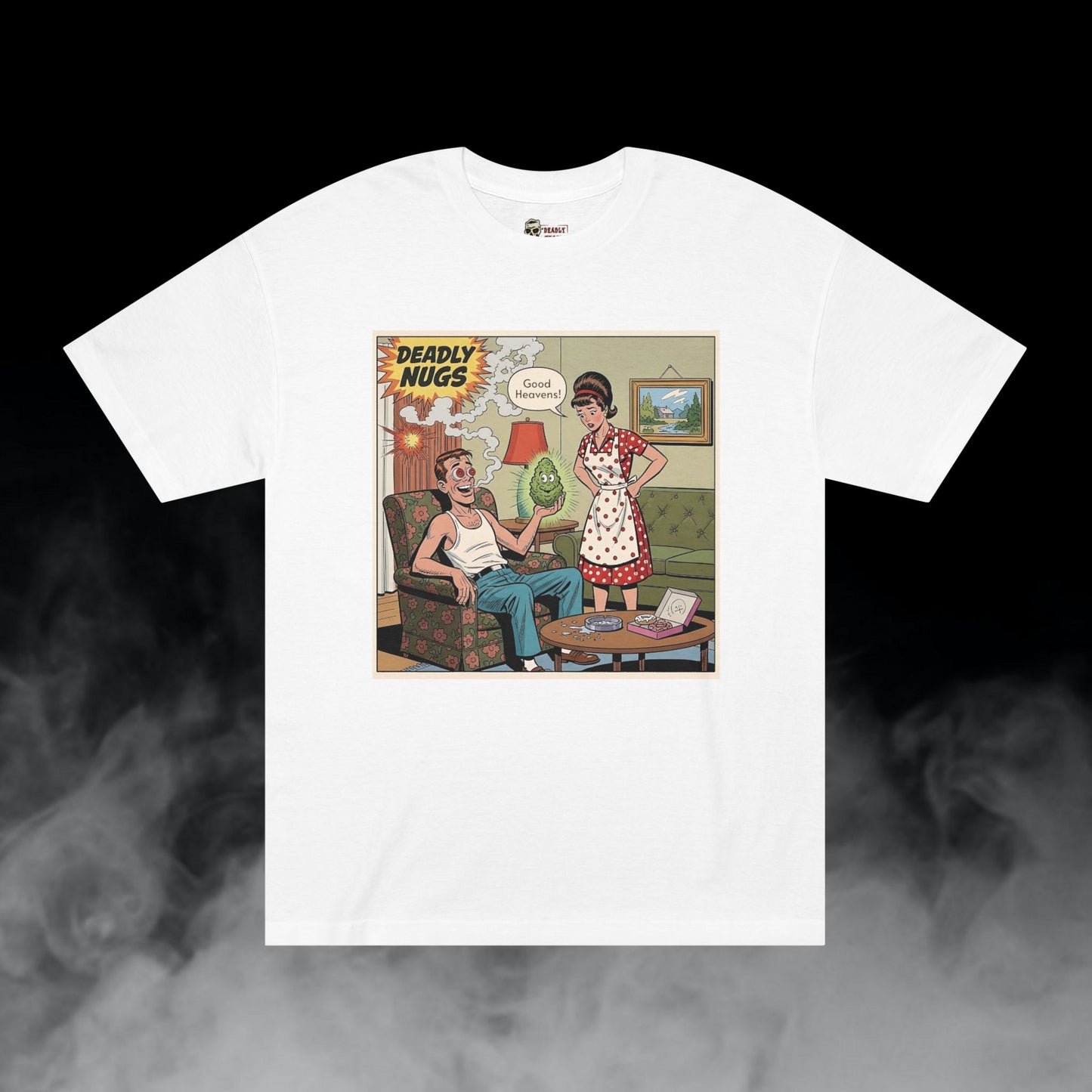 Good Heavens! / Suburban Husband and Wife Overwhelmed by Cannabis Experience Graphic Tee / Vintage Humor Comic Art Style / 420 Underground Stoner Culture / DEADLY NUGS
