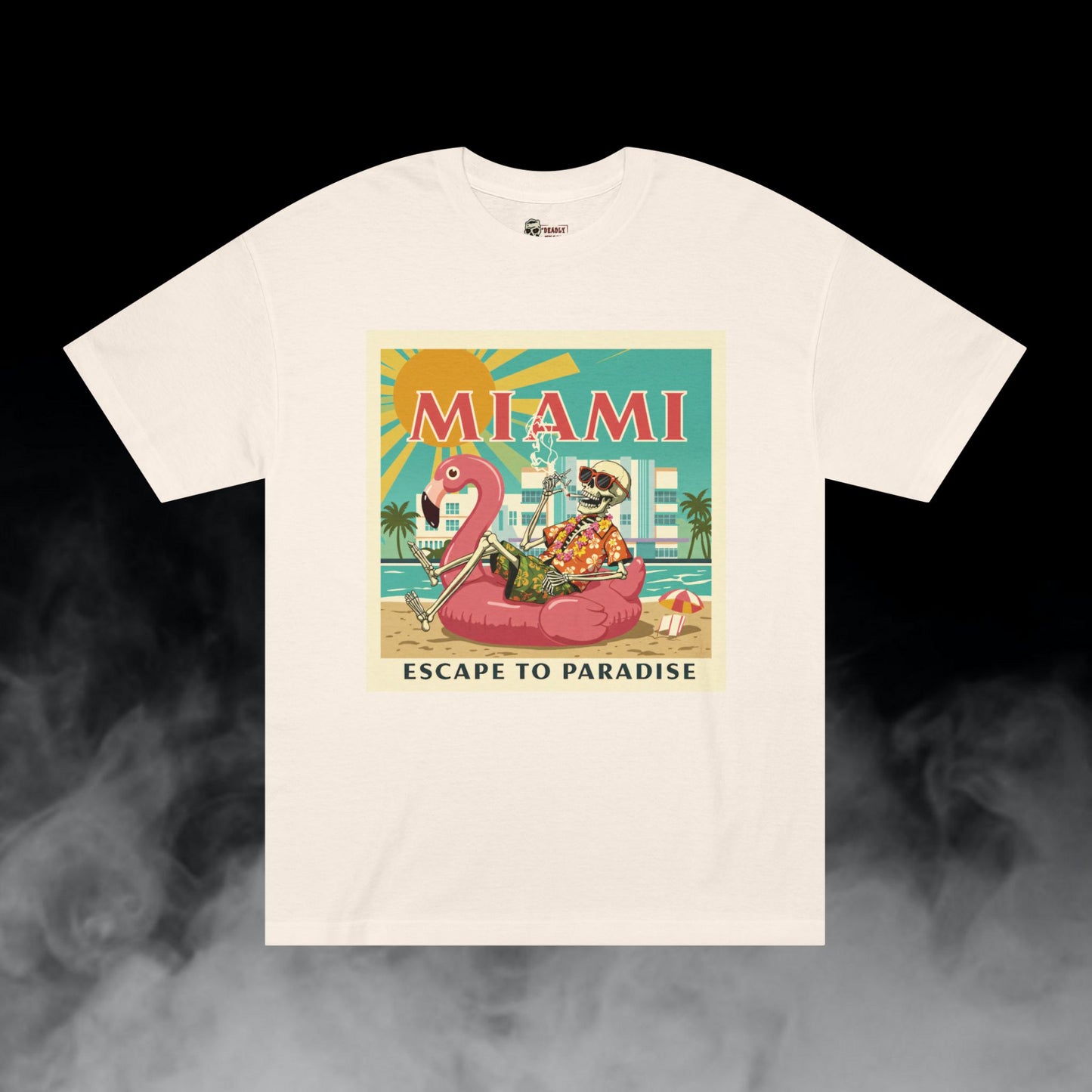 Miami Escape to Paradise / Skeleton Smoking Flamingo Blowup Graphic Tee / Beach Travel Poster Art Style / 420 Underground Stoner Streetwear / DEADLY NUGS