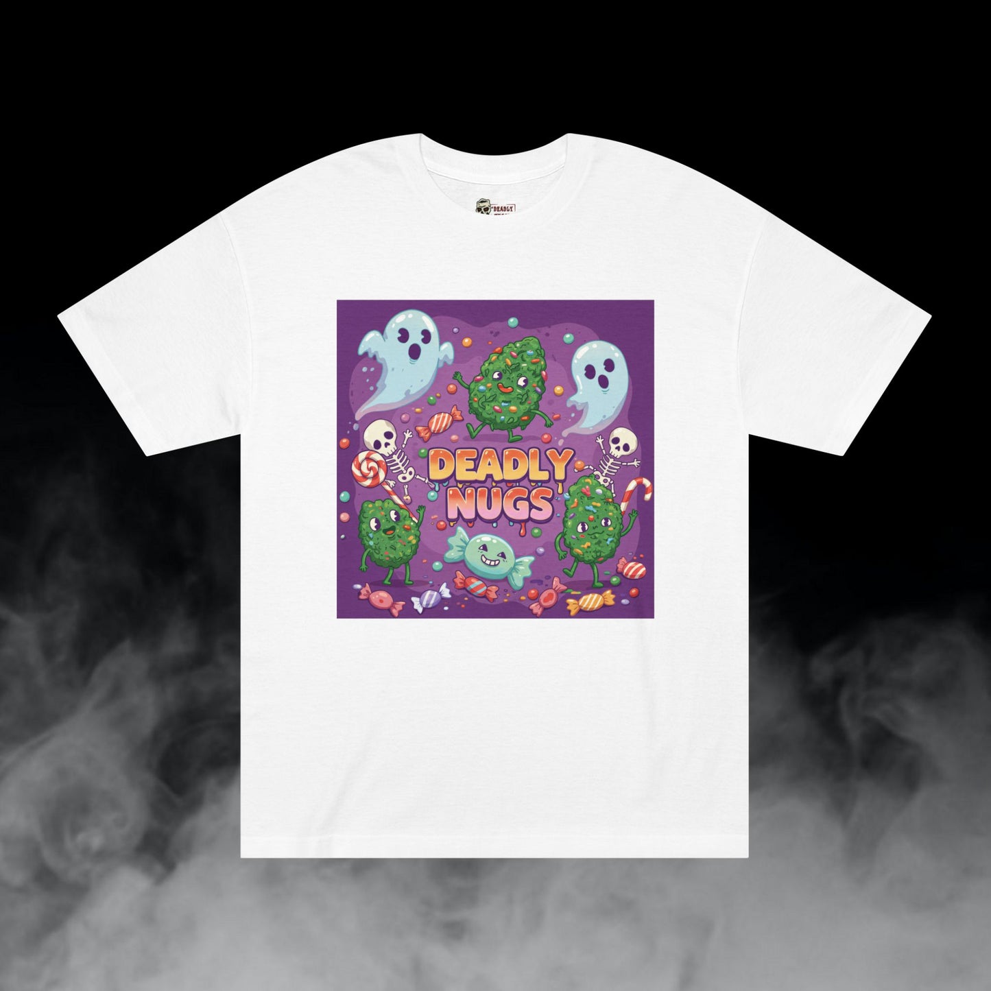 Rollin' with Treats / Bud Characters Ghost Skeletons Candy Munchies Graphic Tee / Dark Humor Spooky Bubble Cartoon Comic Art Style / 420 Underground Stoner Streetwear / DEADLY NUGS