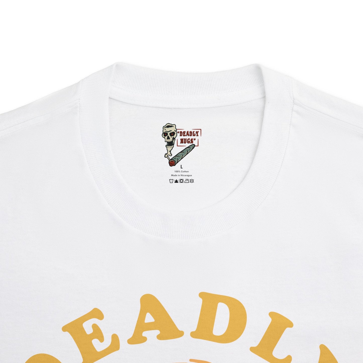 Flame in, Flame out / Premium Unisex Graphic Tee Yellow Aesthetic Print Skull 420 / DEADLY NUGS