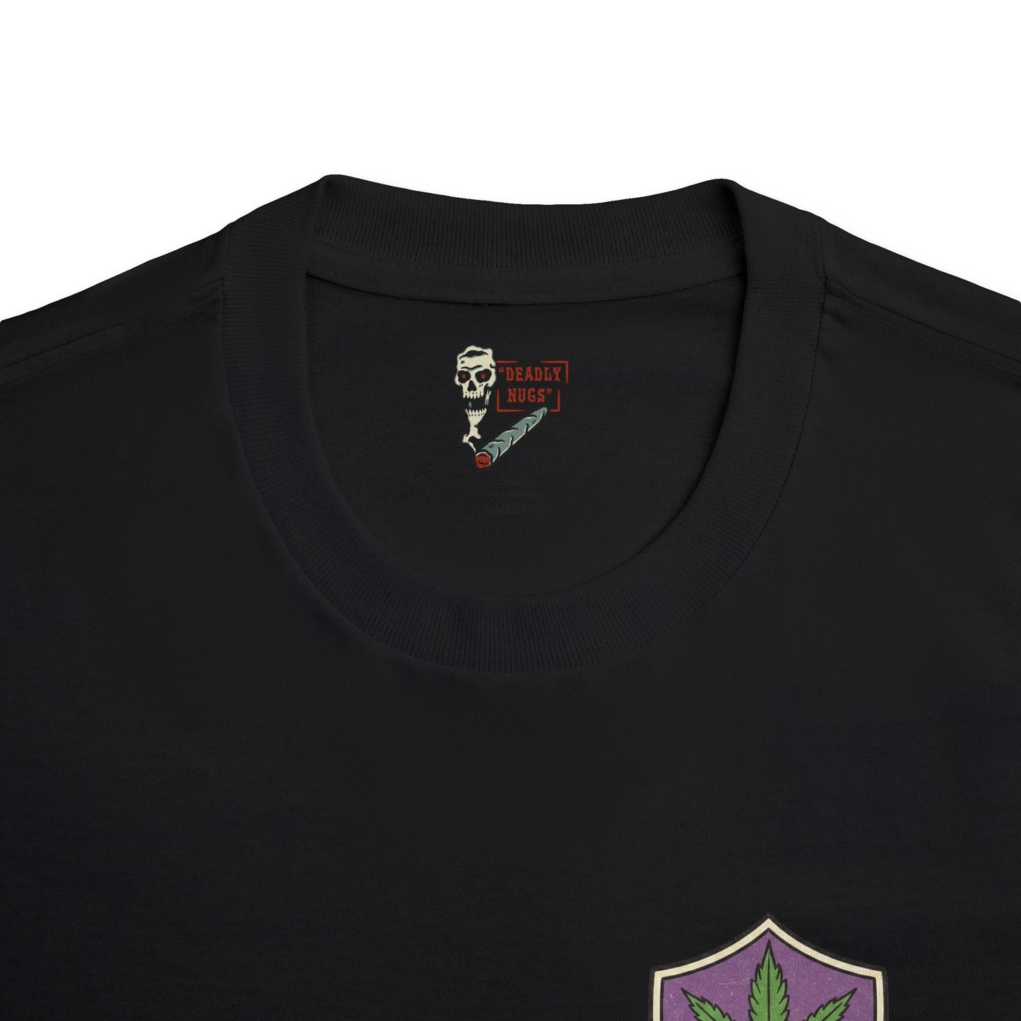 Pot Head Official / Purple Badge with Cannabis Leaf and Retro Joint Character Graphic Tee / Vintage Badge Retro Mascot Cartoon Art Stoner Noir Style / 420 Underground Stoner Culture / DEADLY NUGS