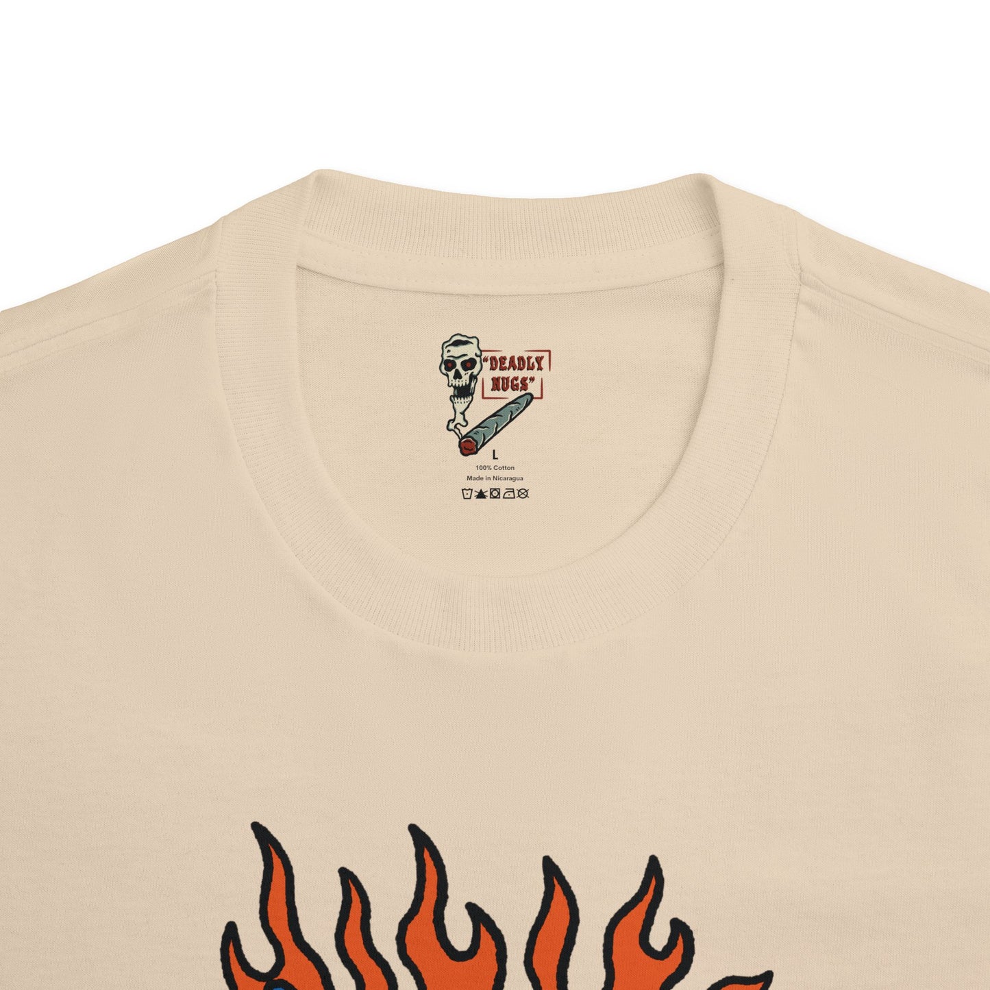 Far Out / Skull Hang Loose Shaka Gesture Flaming Hand Graphic Tee / Classic Cartooning Tatoo Art Style / 420 Underground Stoner Streetwear / DEADLY NUGS