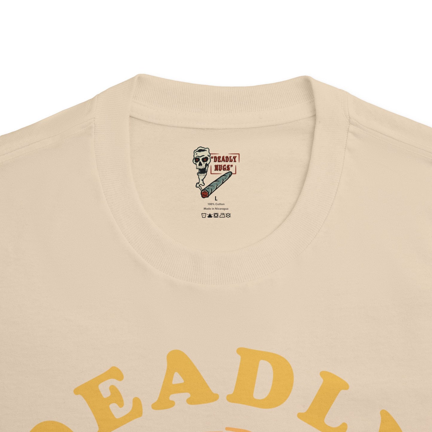 Flame in, Flame out / Premium Unisex Graphic Tee Yellow Aesthetic Print Skull 420 / DEADLY NUGS