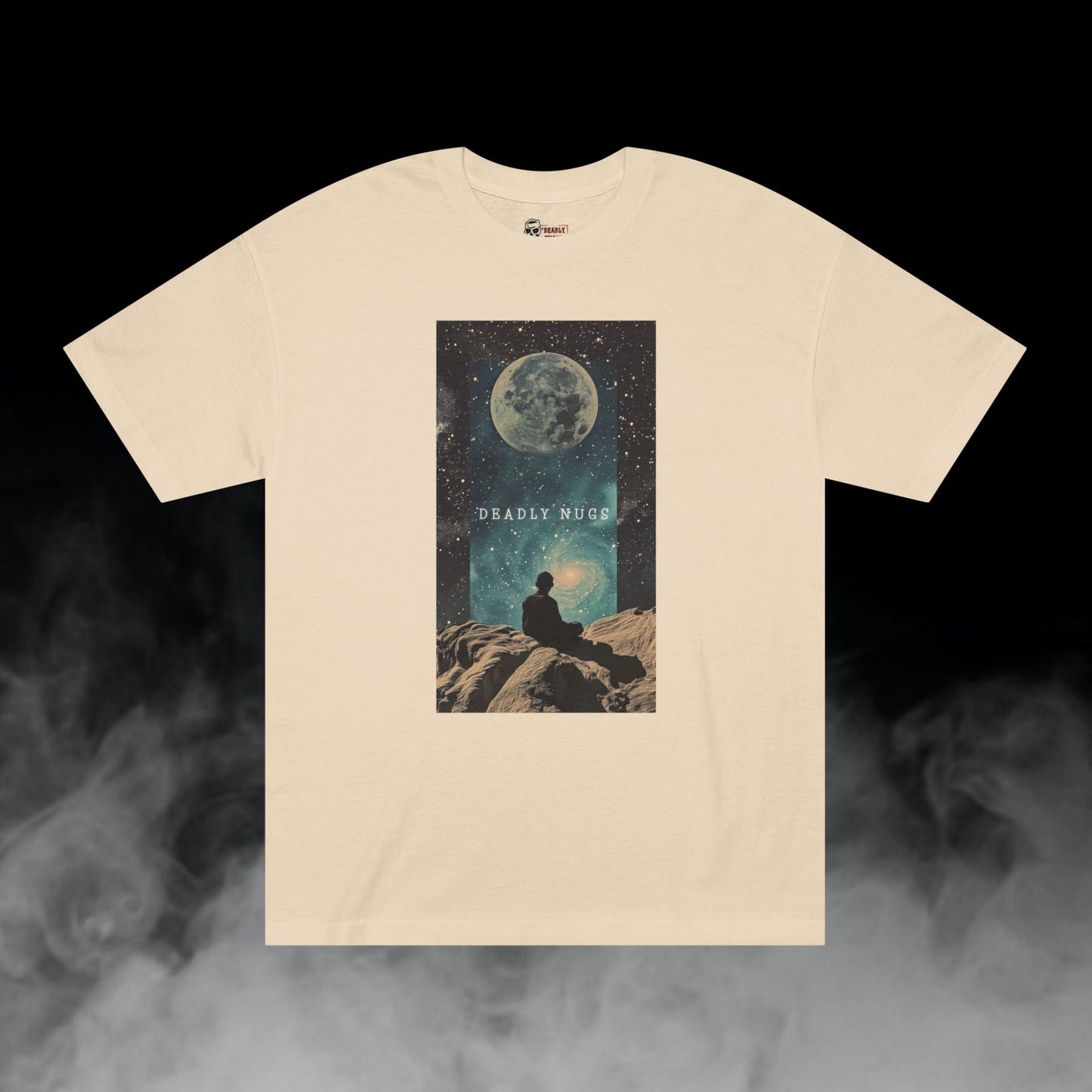 Find My Space / Figure with Space Moon Galaxy Graphic Tee / Futuristic Chill Aesthetic Art / 420 Underground Stoner Streetwear / DEADLY NUGS