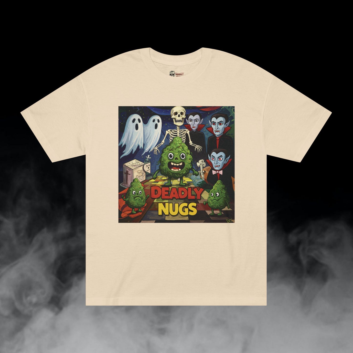 Culty-vation / Bud Characters Ghosts Skeleton Vampires Graphic Tee / Dark Humor Eerie Sinister Vintage Pop Art Comic Style / 420 Underground Stoner Streetwear / DEADLY NUGS