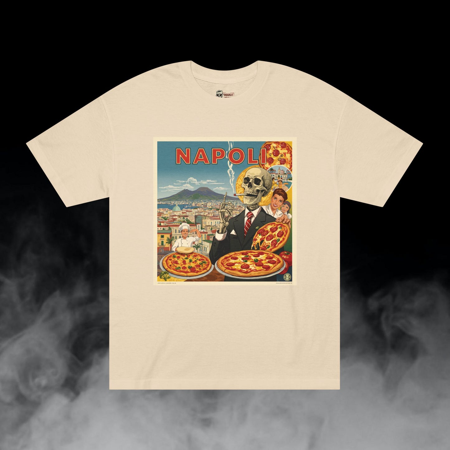 Ciao Napoli / City Backdrop Skeleton Smoking Pizza Familia Graphic Tee / Classic Vintage Travel Poster Art Style / 420 Underground Stoner Streetwear / DEADLY NUGS
