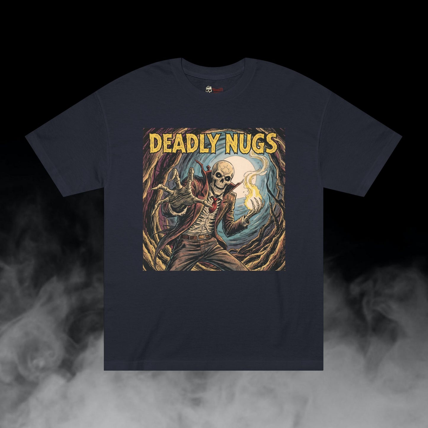 Bone Grove Flame / Skeleton Blazing Fire Graphic Tee / Vintage Pulp Horror Comic Style / 420 Underground Stoner Streetwear / DEADLY NUGS