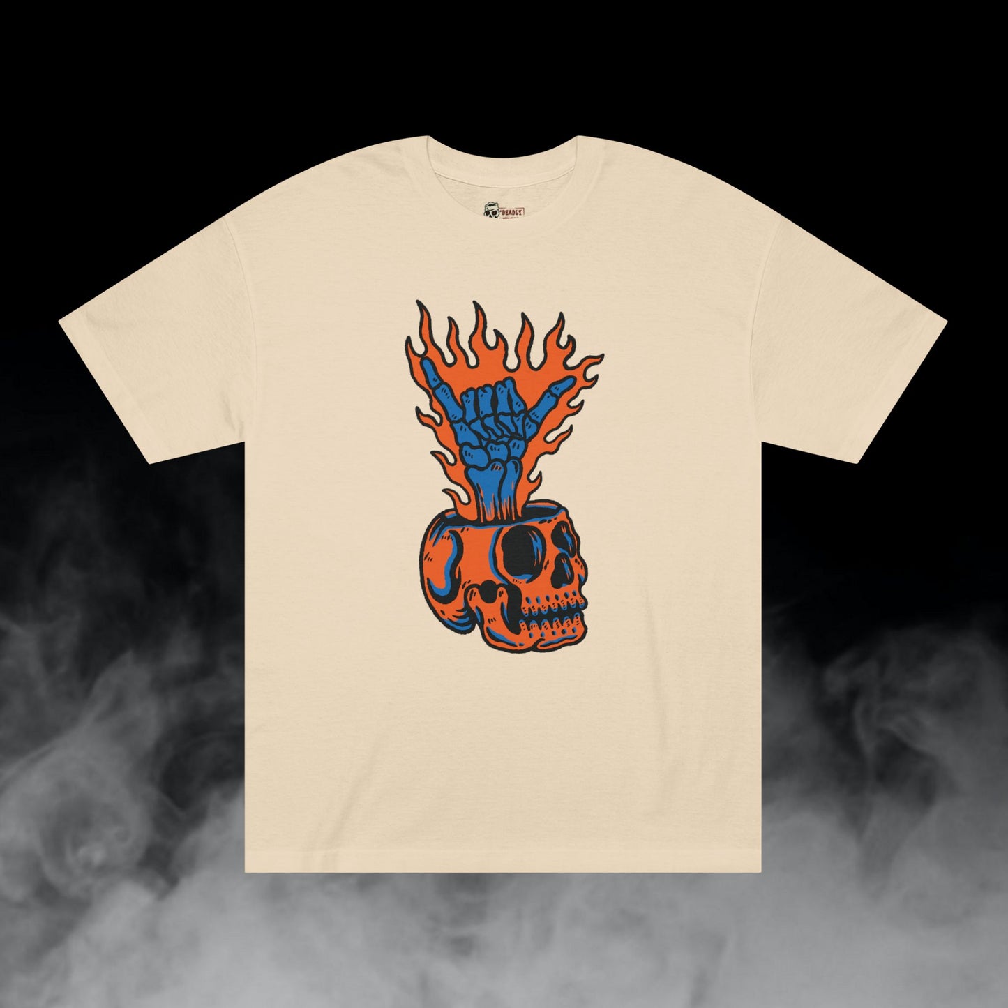 Far Out / Skull Hang Loose Shaka Gesture Flaming Hand Graphic Tee / Classic Cartooning Tatoo Art Style / 420 Underground Stoner Streetwear / DEADLY NUGS
