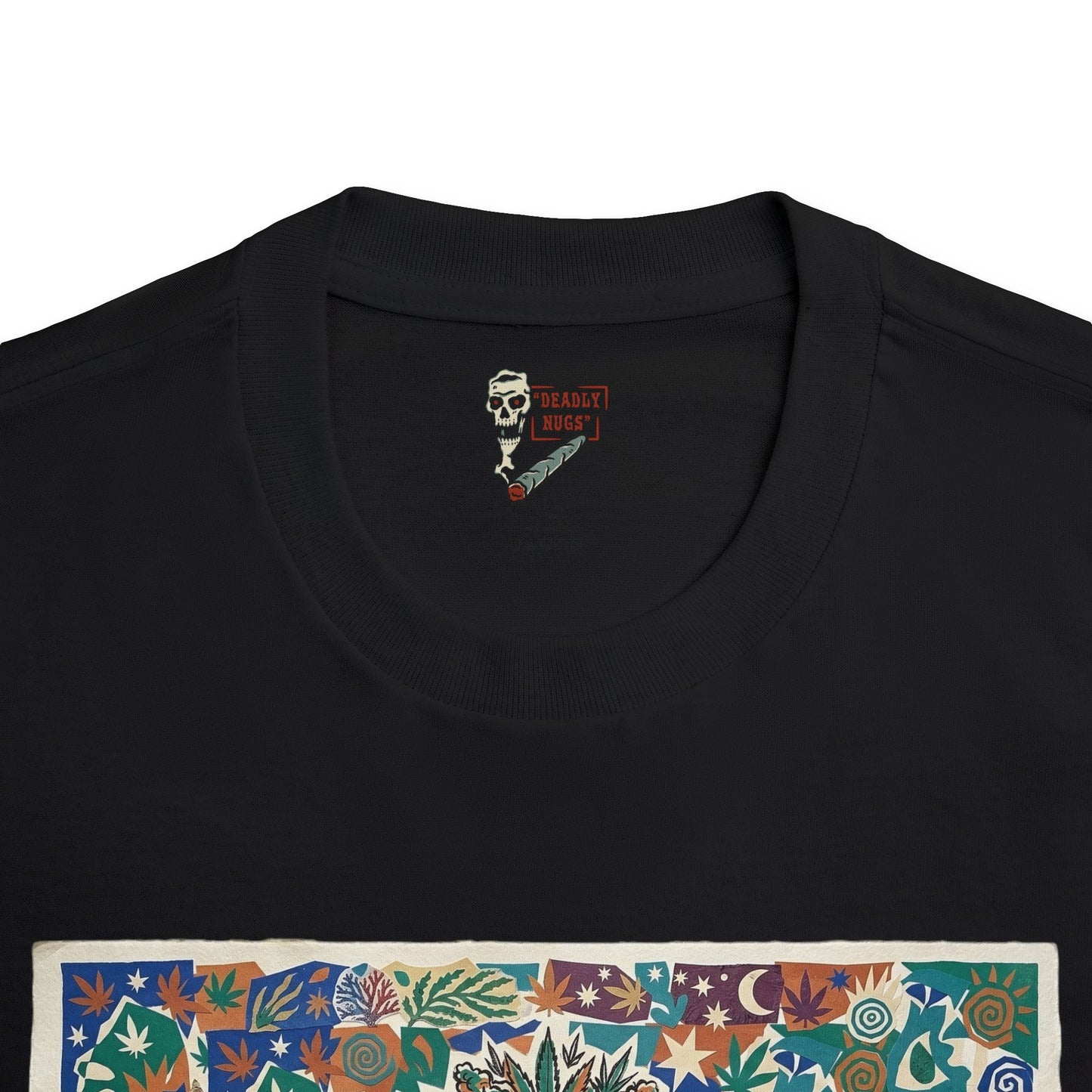 Crown Flora / Skull with Cannabis Crown in Vibrant, Organic Collage Graphic Tee / Matisse-inspired Paper-Cut Art Style / Wearable Art / 420 Underground Stoner Culture / DEADLY NUGS