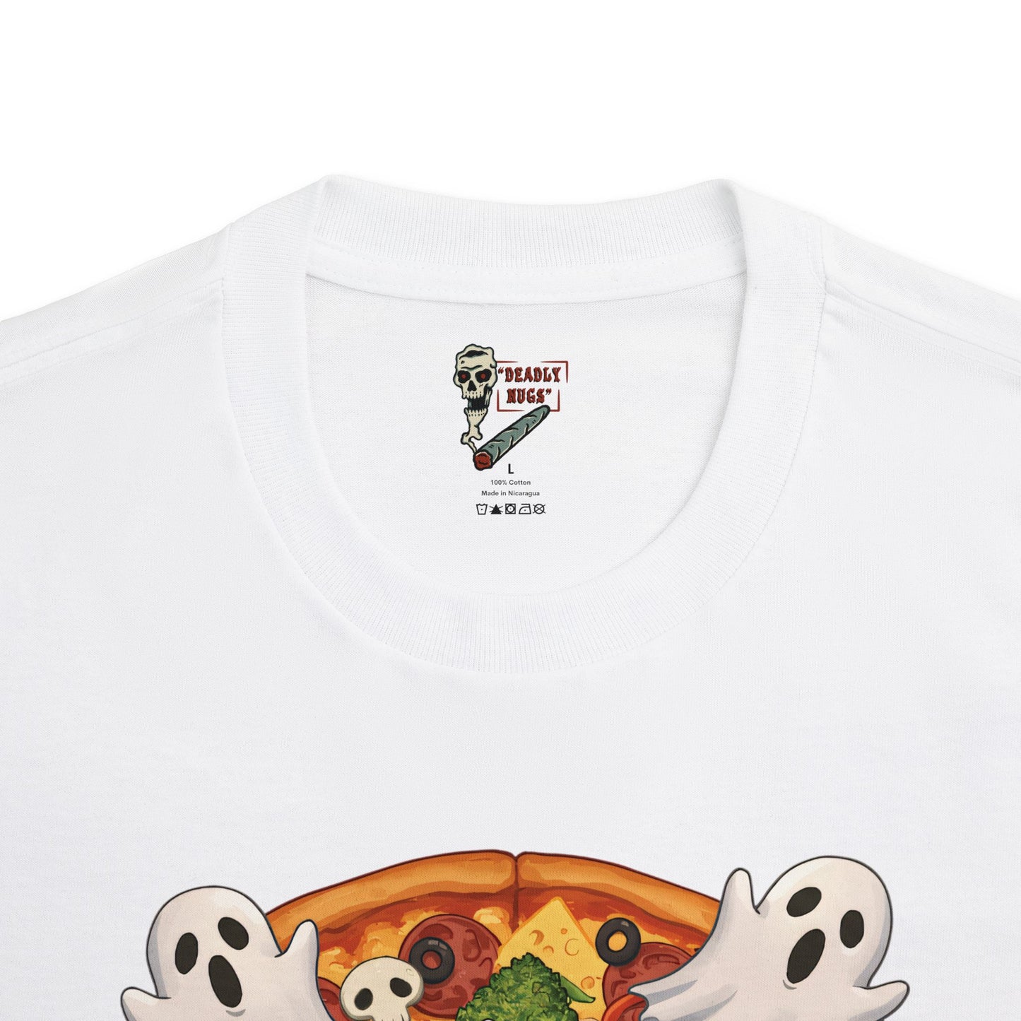 High Quality Ingredients / Pizza Bud Characters Ghosts Skulls Graphic Tee / Dark Humor Spooky Modern Cartoon Comic Art Style / 420 Underground Stoner Streetwear / DEADLY NUGS